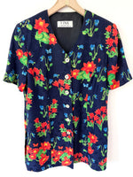 Lade das Bild in den Galerie-Viewer, *Seide* Bluse Blazer Blumen Print Marineblau (L)
