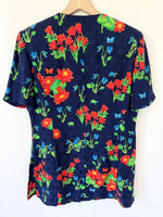 Lade das Bild in den Galerie-Viewer, *Seide* Bluse Blazer Blumen Print Marineblau (L)
