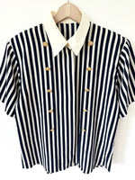 Lade das Bild in den Galerie-Viewer, Bluse Marine 80s Blockstreifen Print (M-L)
