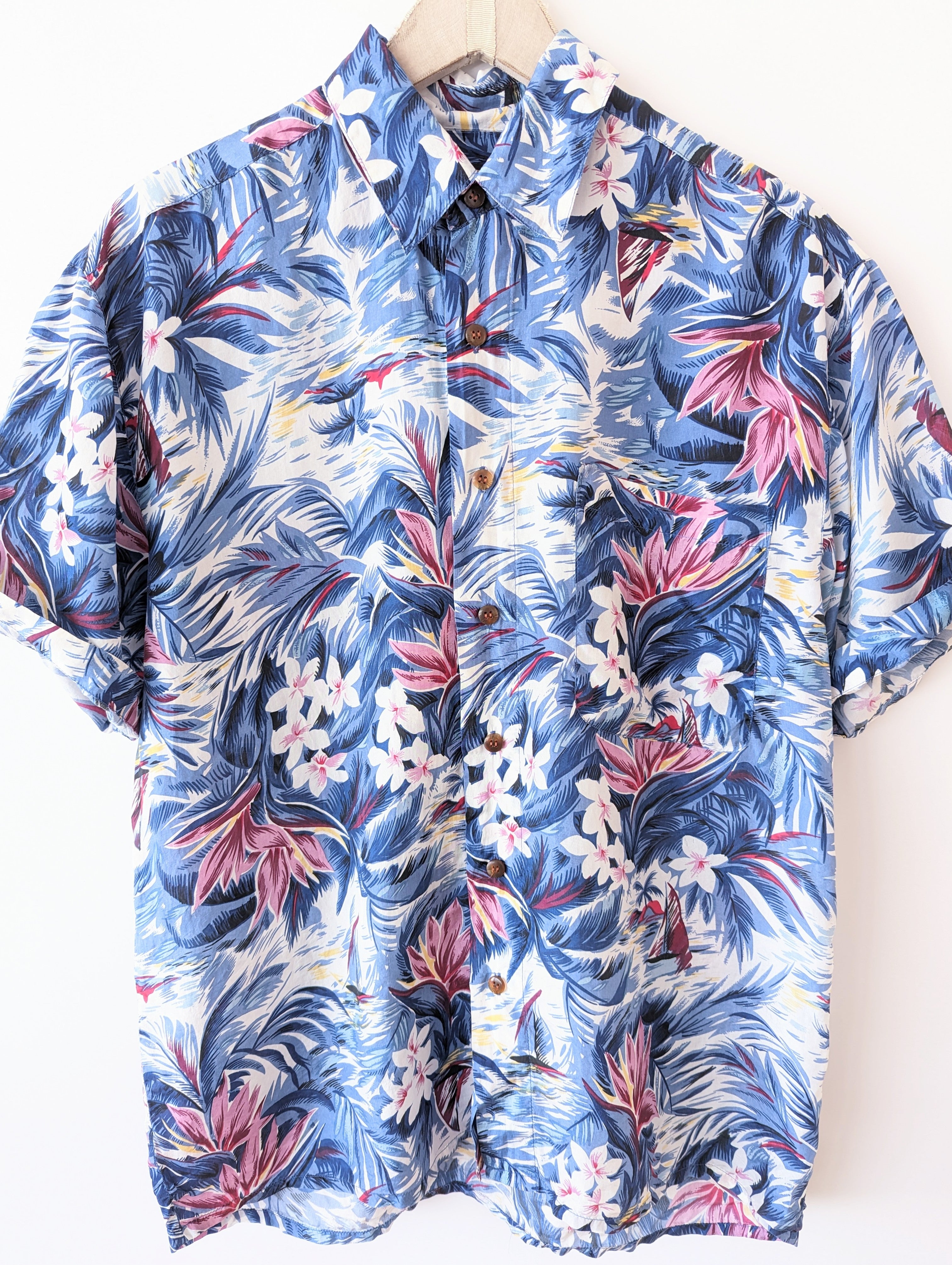 *Seide* Hemd Hawaii Print Blau (S-M)