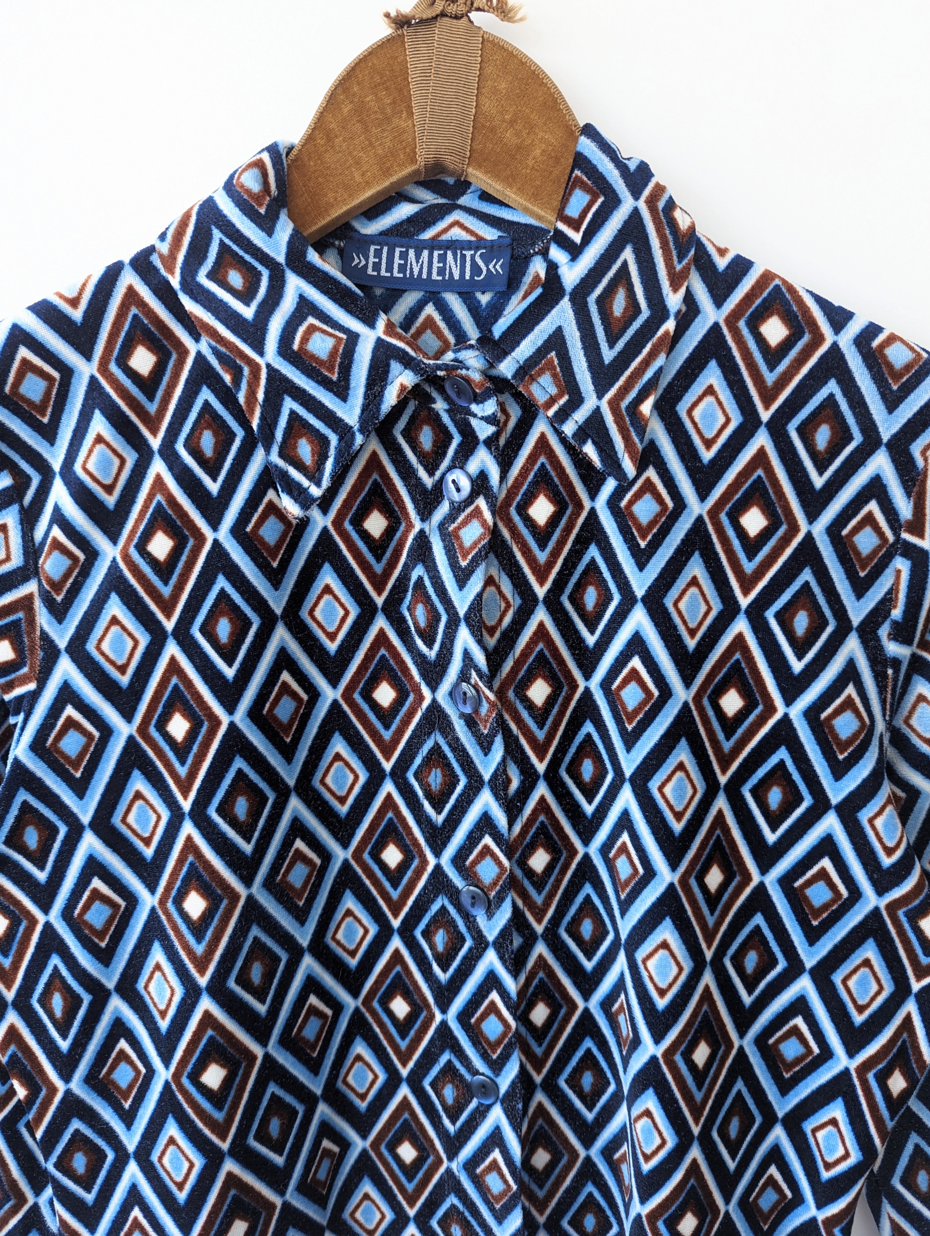 Bluse 70s Samt Rauten Print Blau (S)