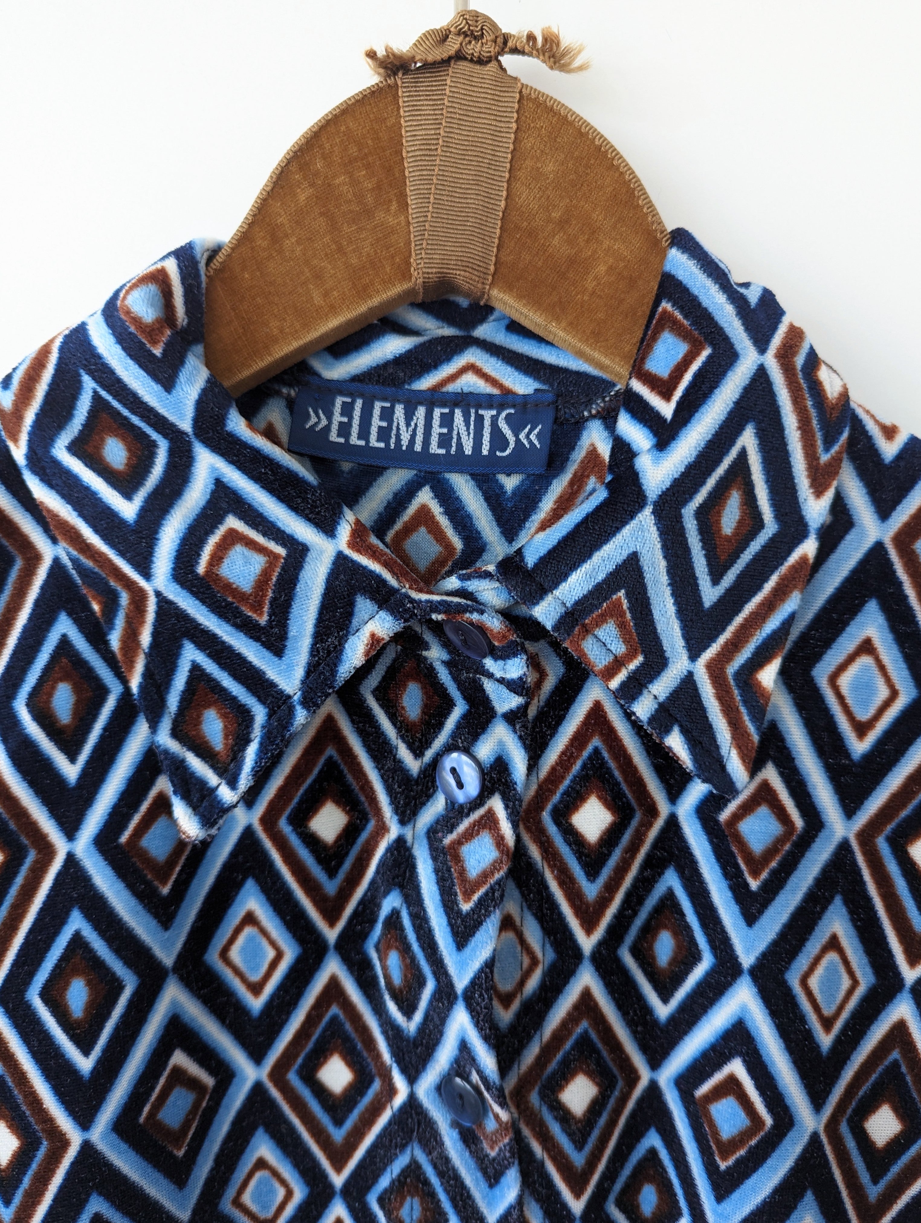 Bluse 70s Samt Rauten Print Blau (S)