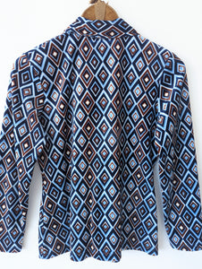 Bluse 70s Samt Rauten Print Blau (S)