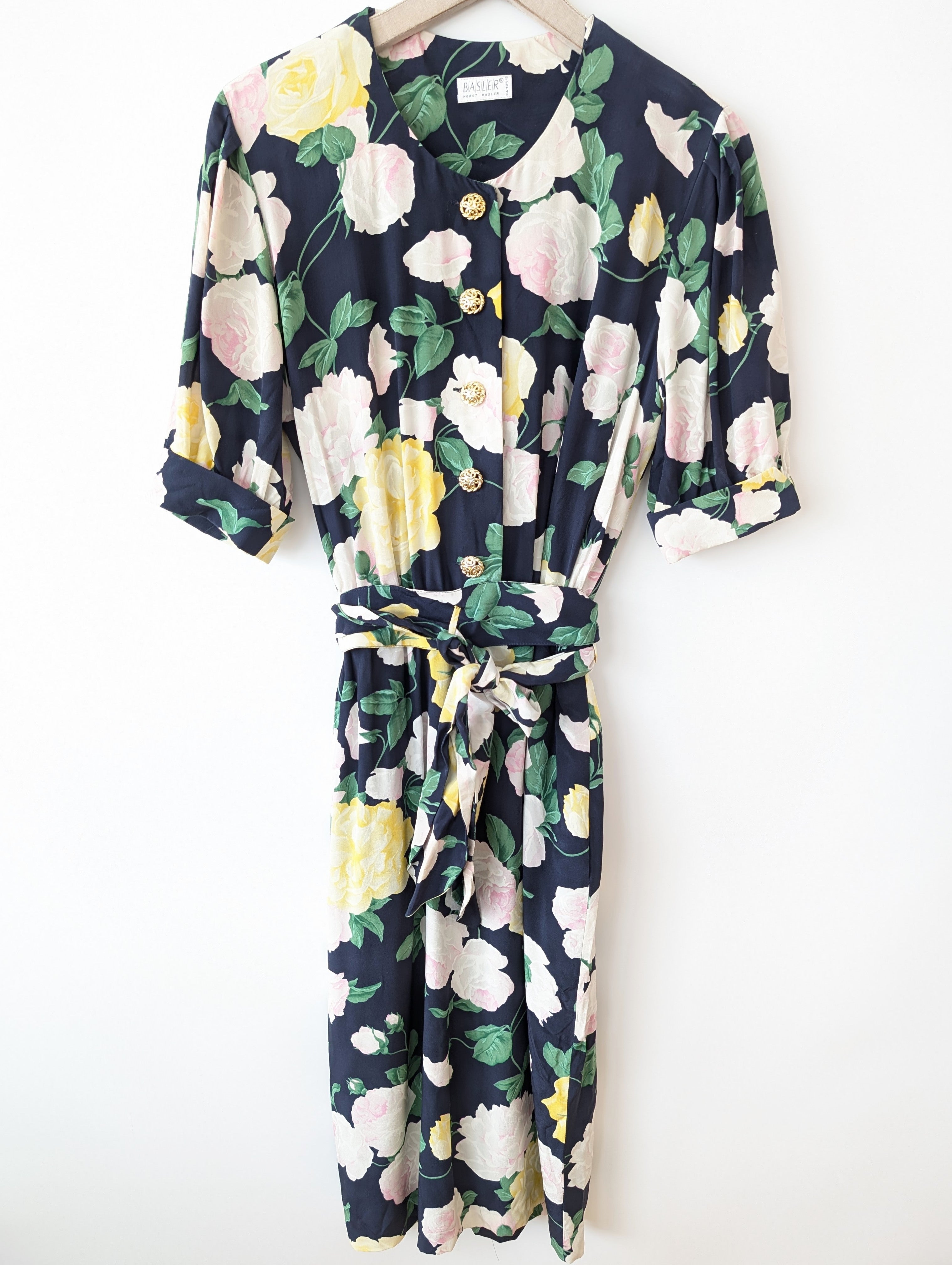 *Seide* Kleid 80s Rosen Print (S-M)