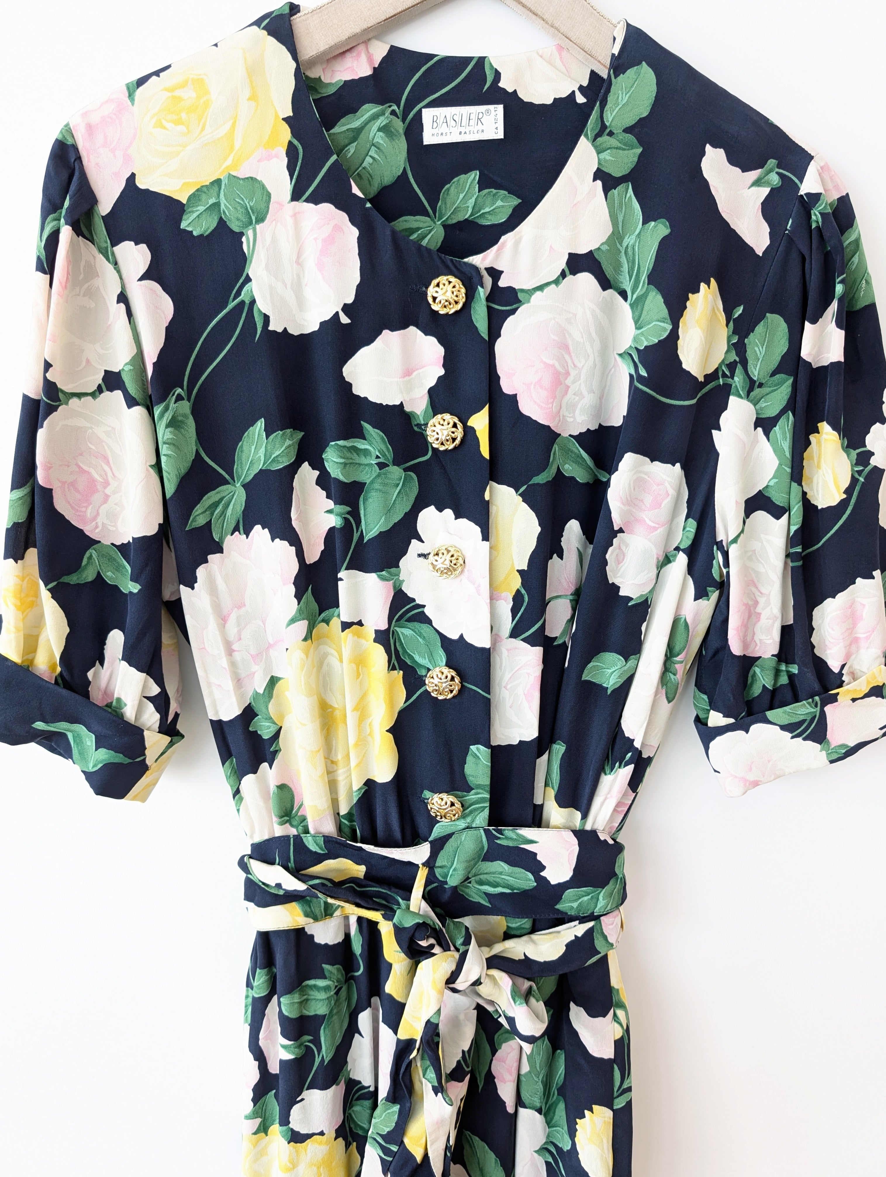 *Seide* Kleid 80s Rosen Print (S-M)