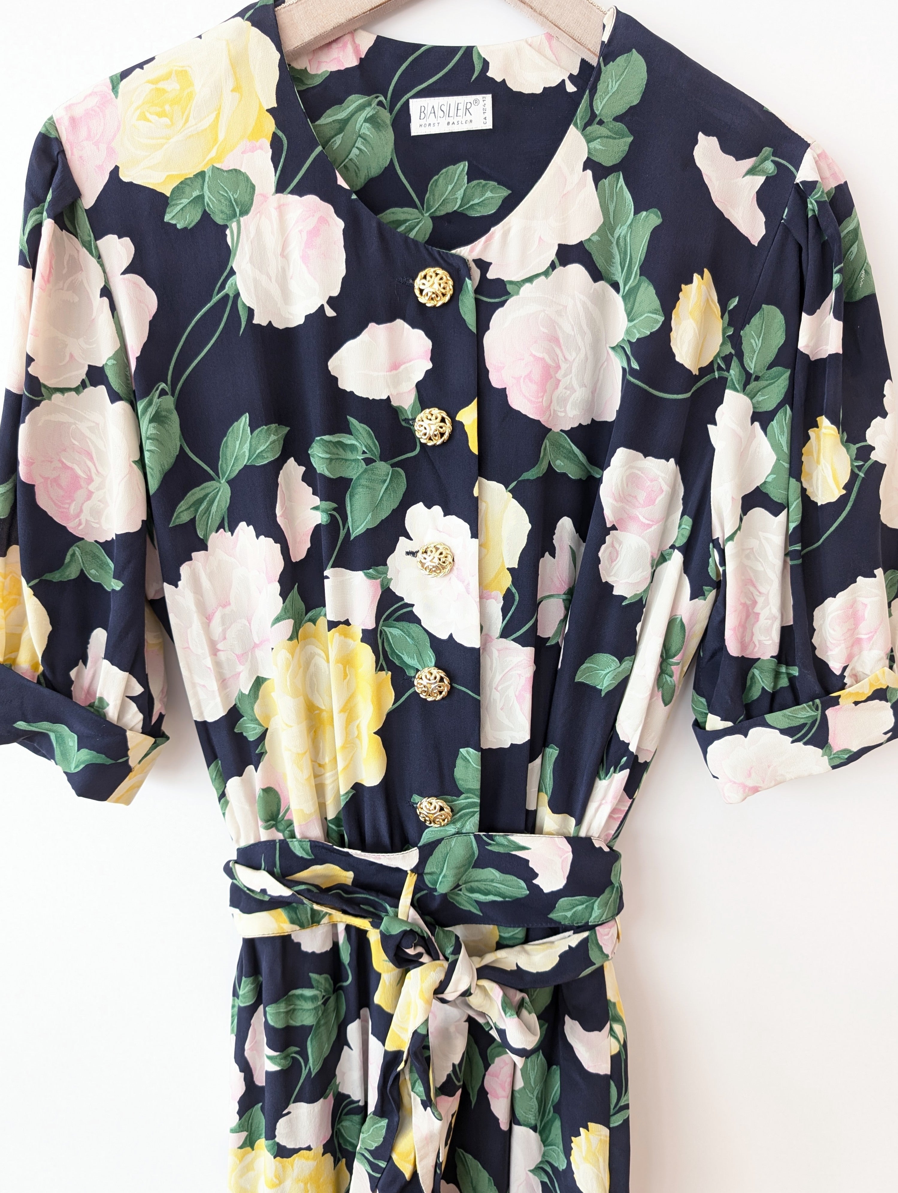 *Seide* Kleid 80s Rosen Print (S-M)