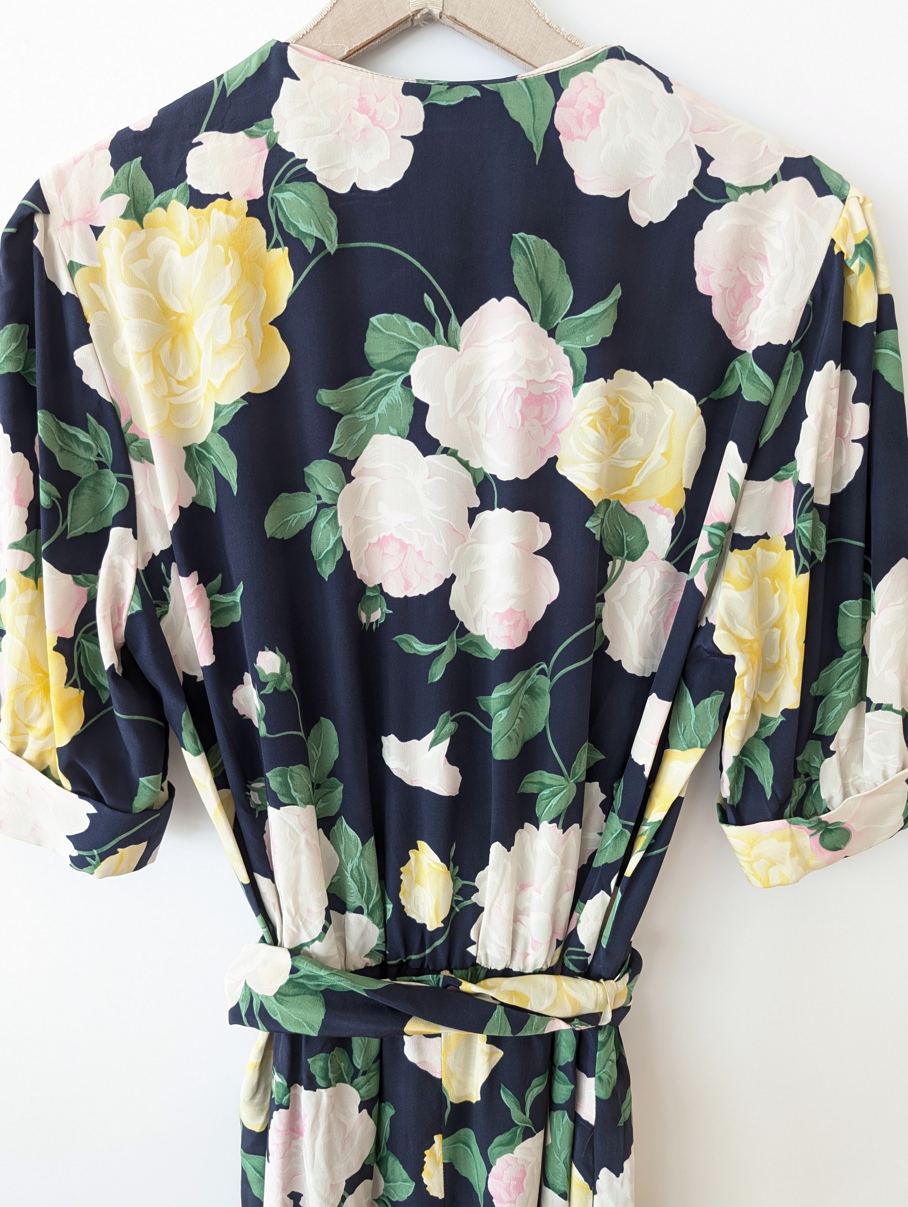 *Seide* Kleid 80s Rosen Print (S-M)