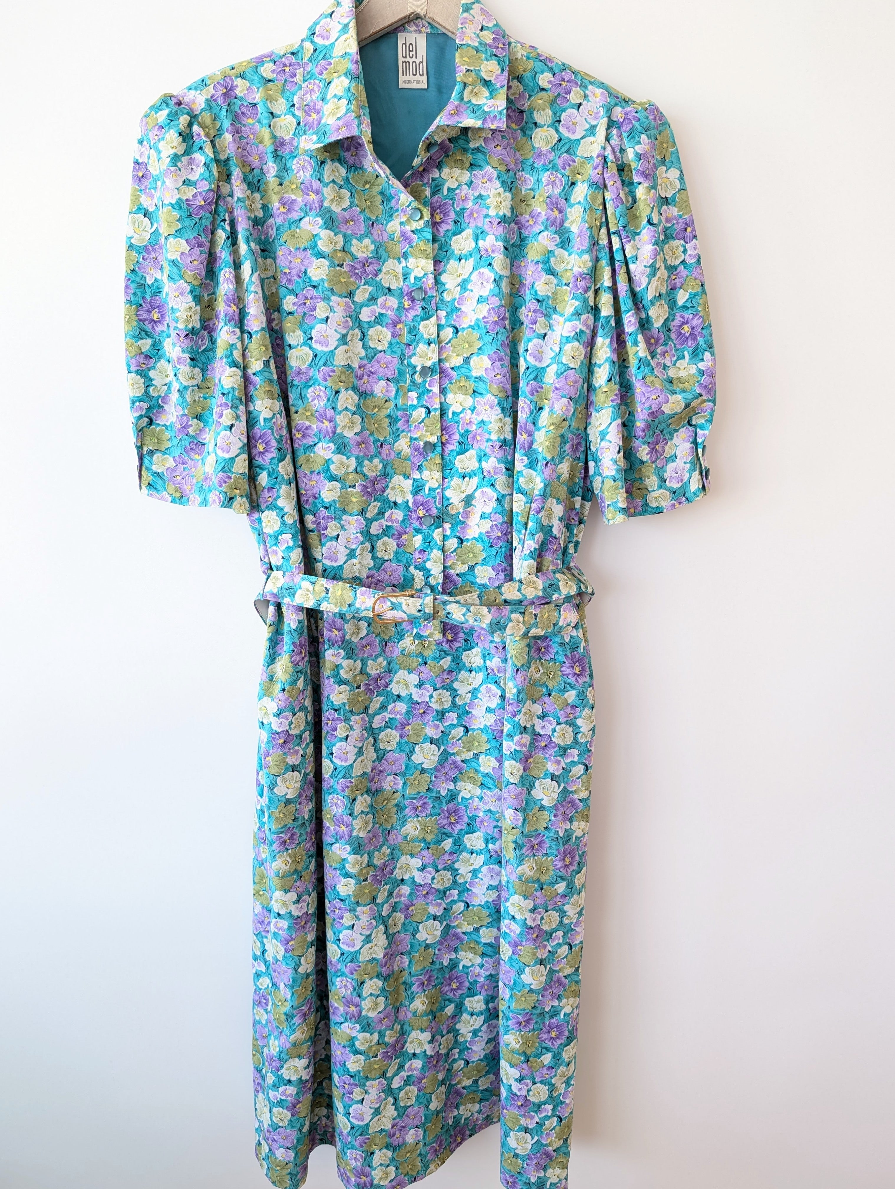 Kleid 80s Stiefmütterchen Blumen Türkis (XL-XXL)