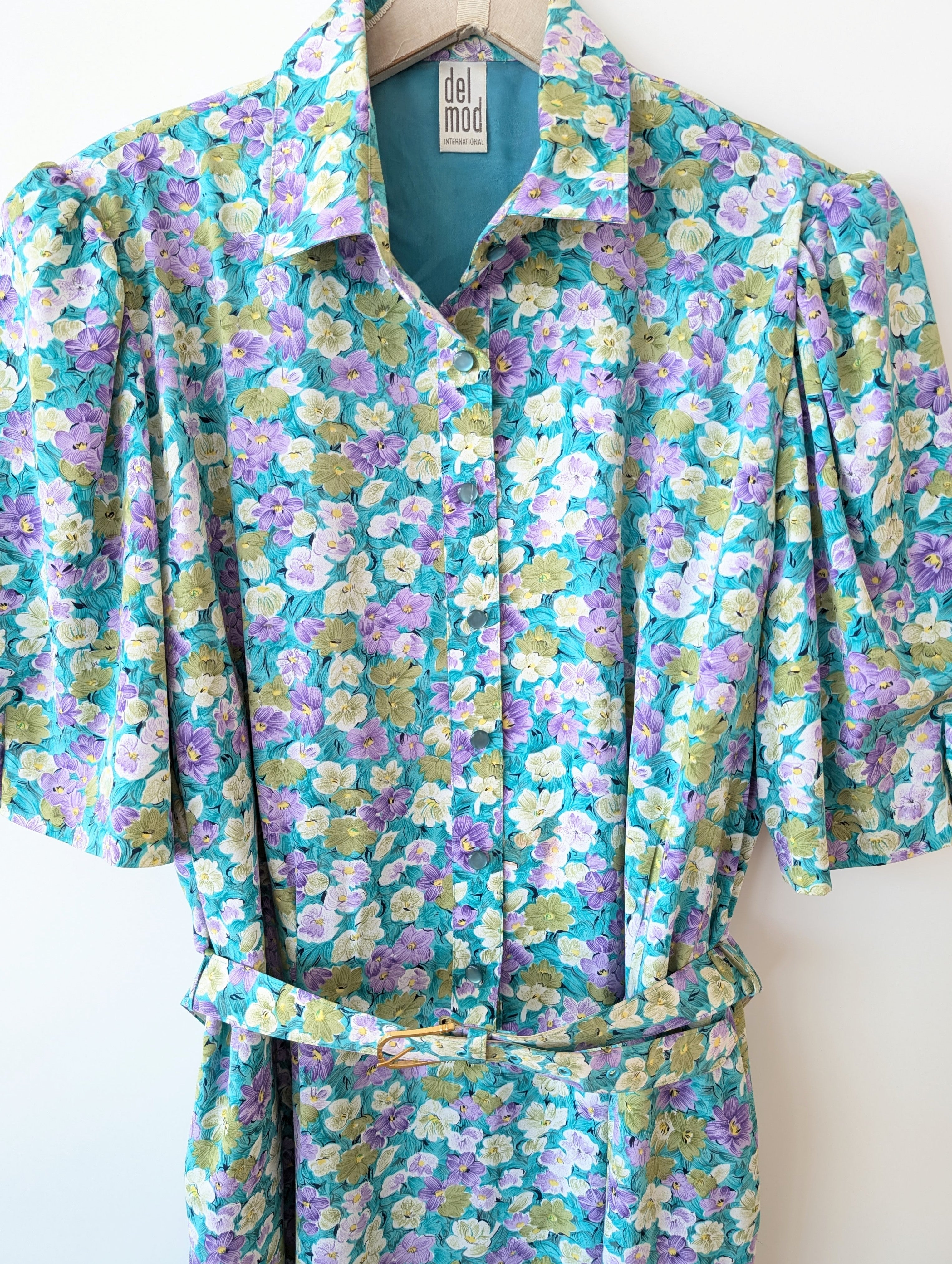 Kleid 80s Stiefmütterchen Blumen Türkis (XL-XXL)