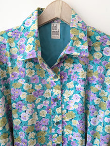 Kleid 80s Stiefmütterchen Blumen Türkis (XL-XXL)