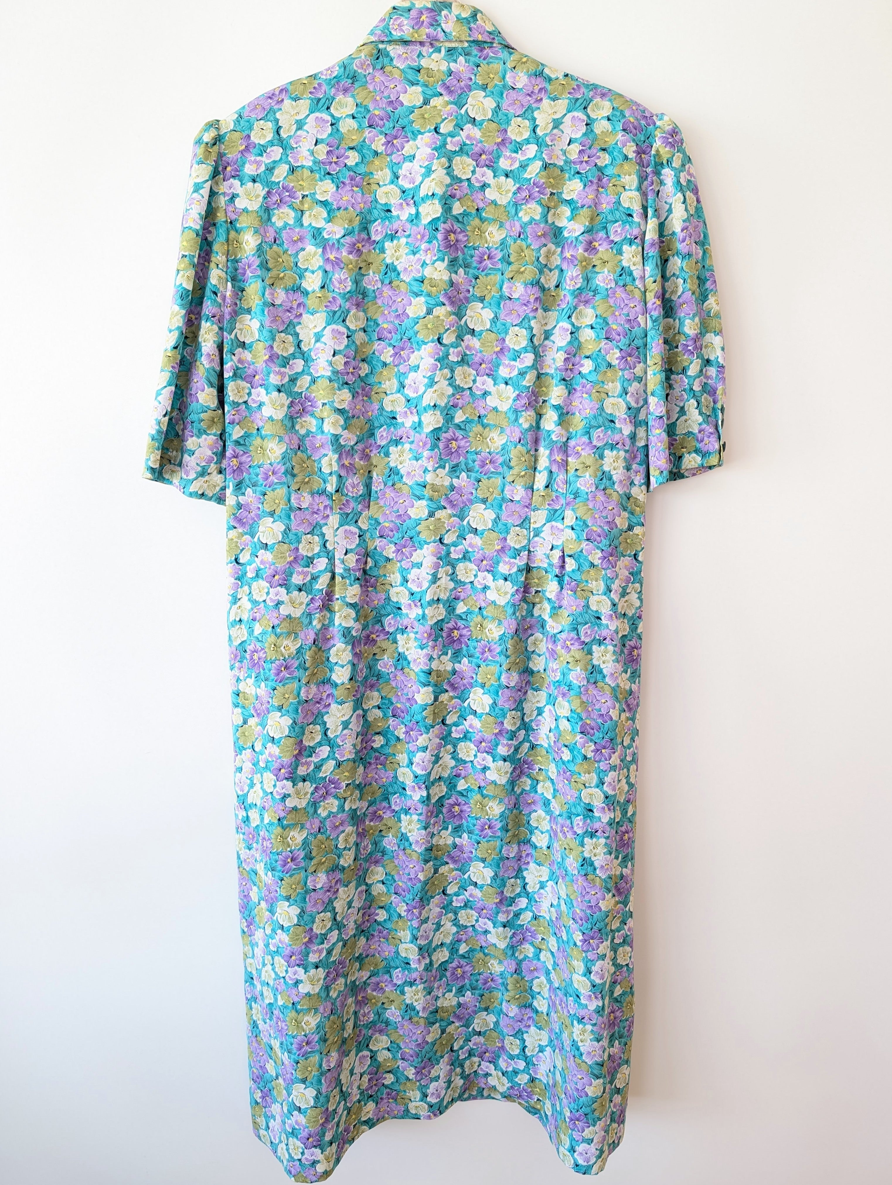 Kleid 80s Stiefmütterchen Blumen Türkis (XL-XXL)