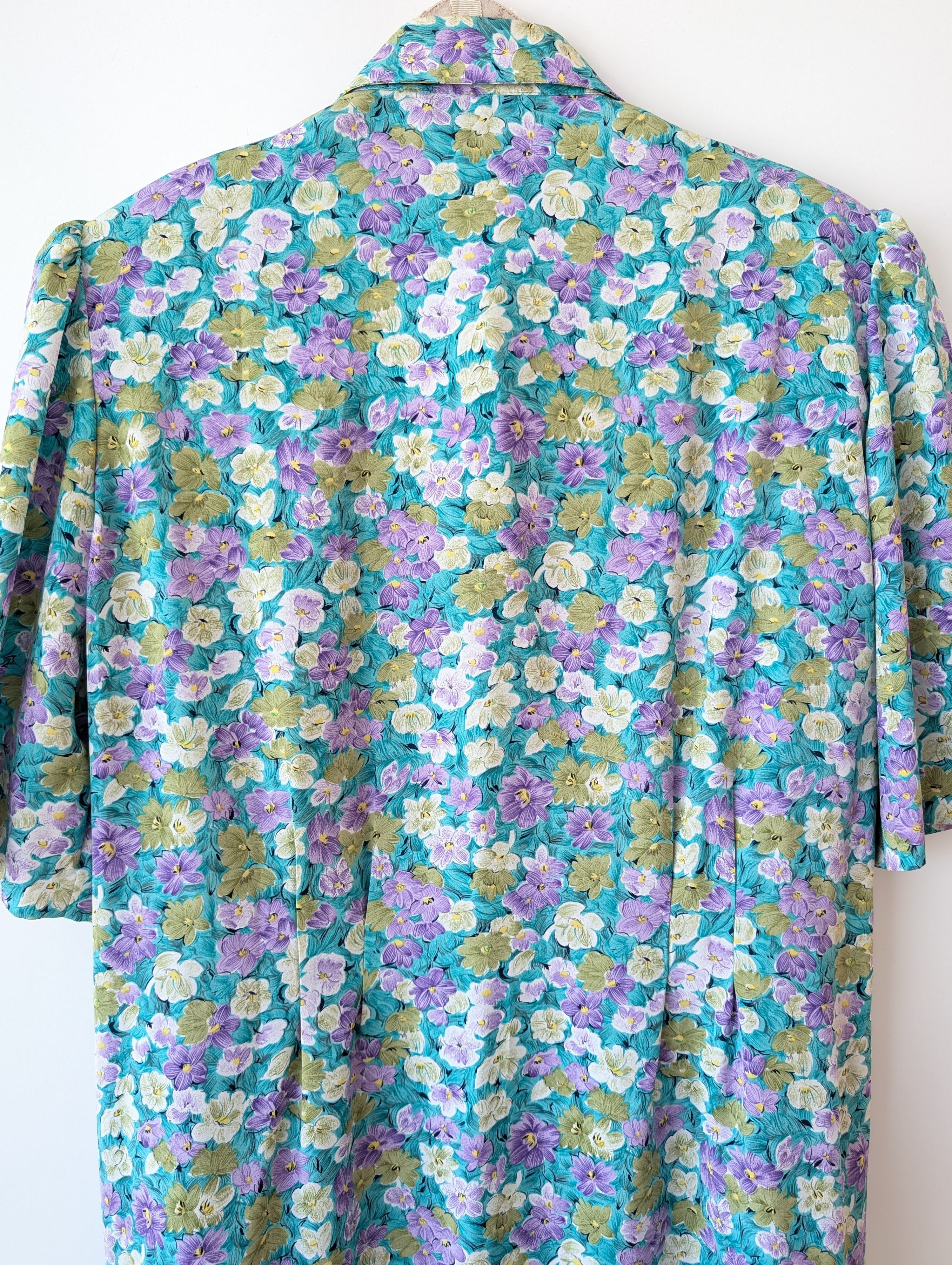 Kleid 80s Stiefmütterchen Blumen Türkis (XL-XXL)