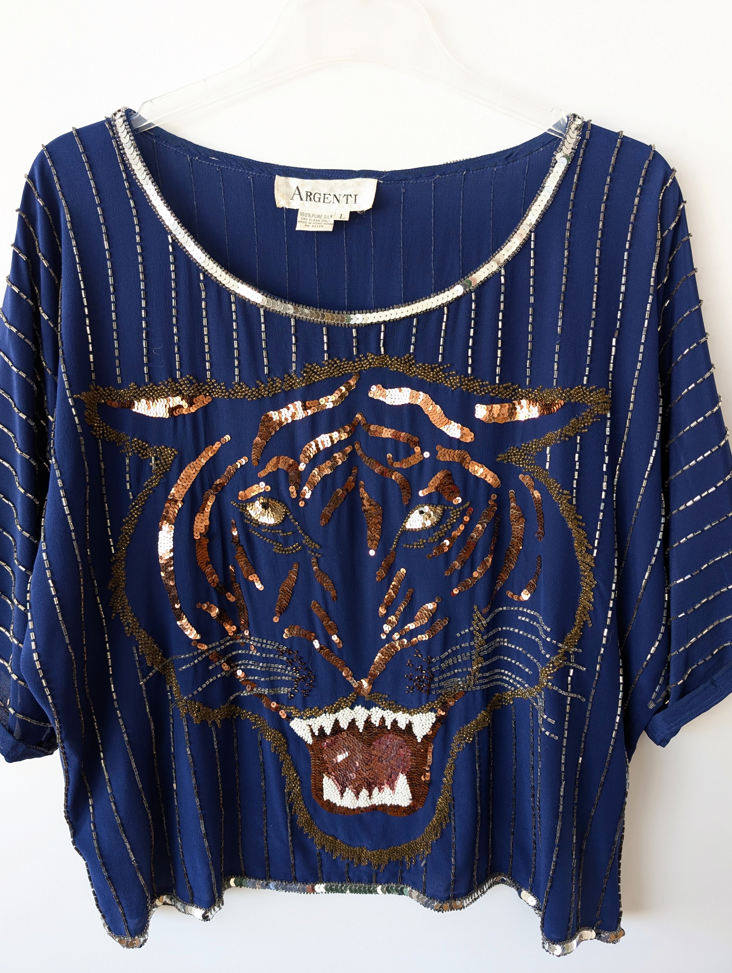 *Seide* Bluse Tiger Stick Perlen Pailletten (L-XL)