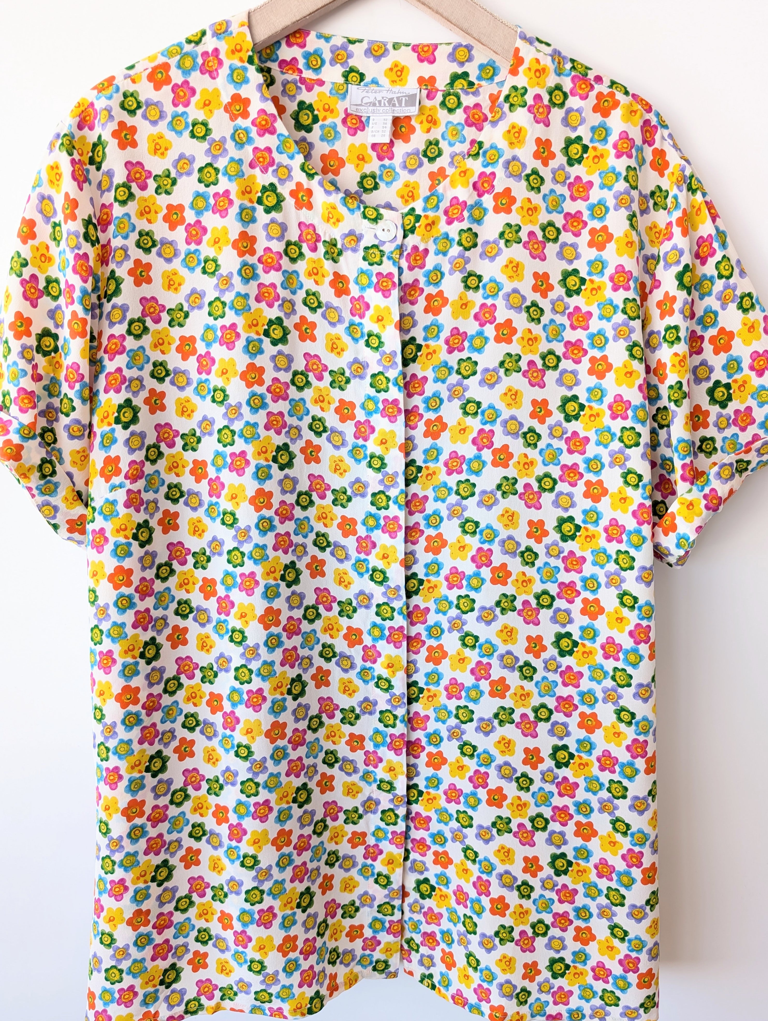 *Seide* Bluse 80s Bunter Blumen Print (XXL)