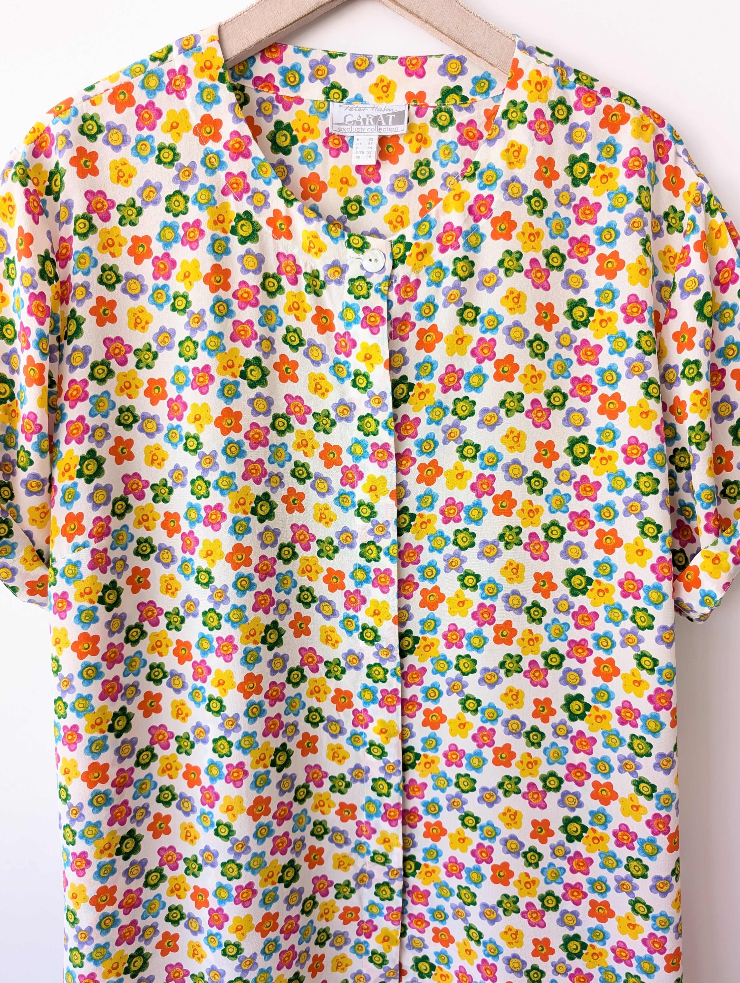 *Seide* Bluse 80s Bunter Blumen Print (XXL)