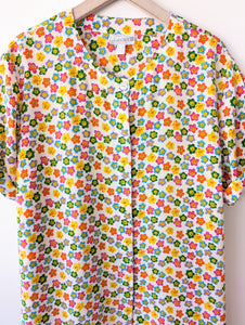 *Seide* Bluse 80s Bunter Blumen Print (XXL)