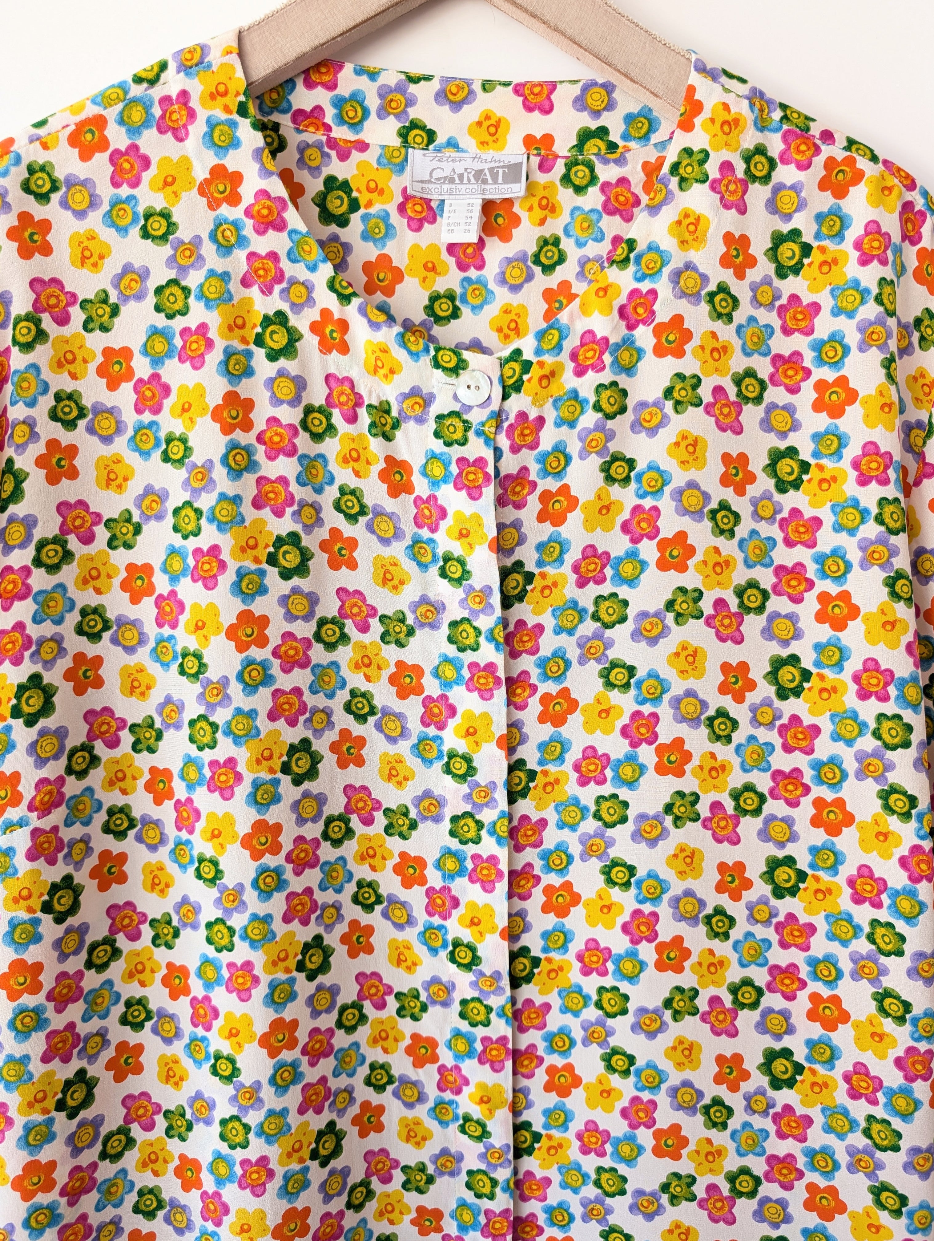 *Seide* Bluse 80s Bunter Blumen Print (XXL)