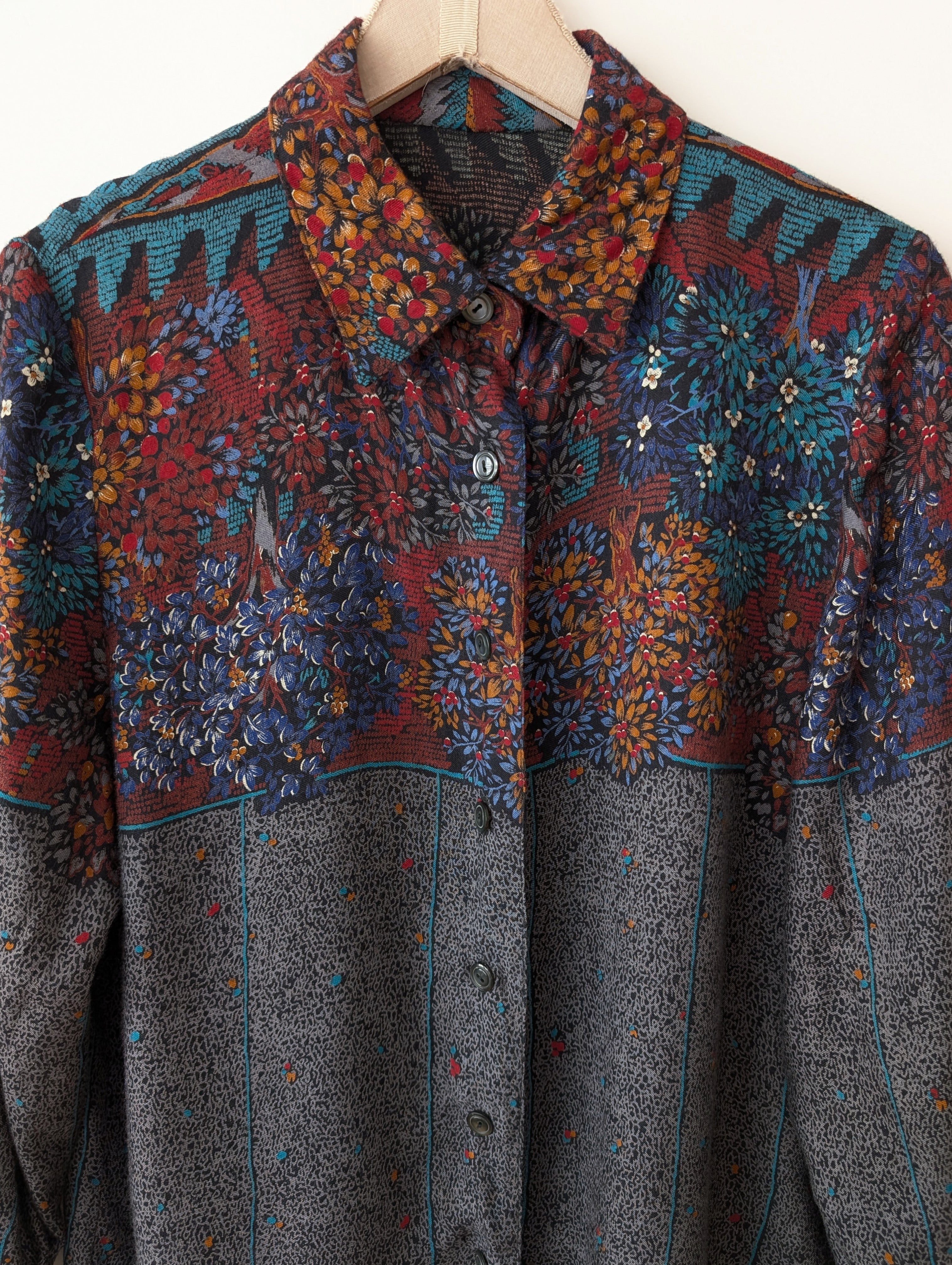 Bluse Bohemian 80s Blumen Baum Print (L)