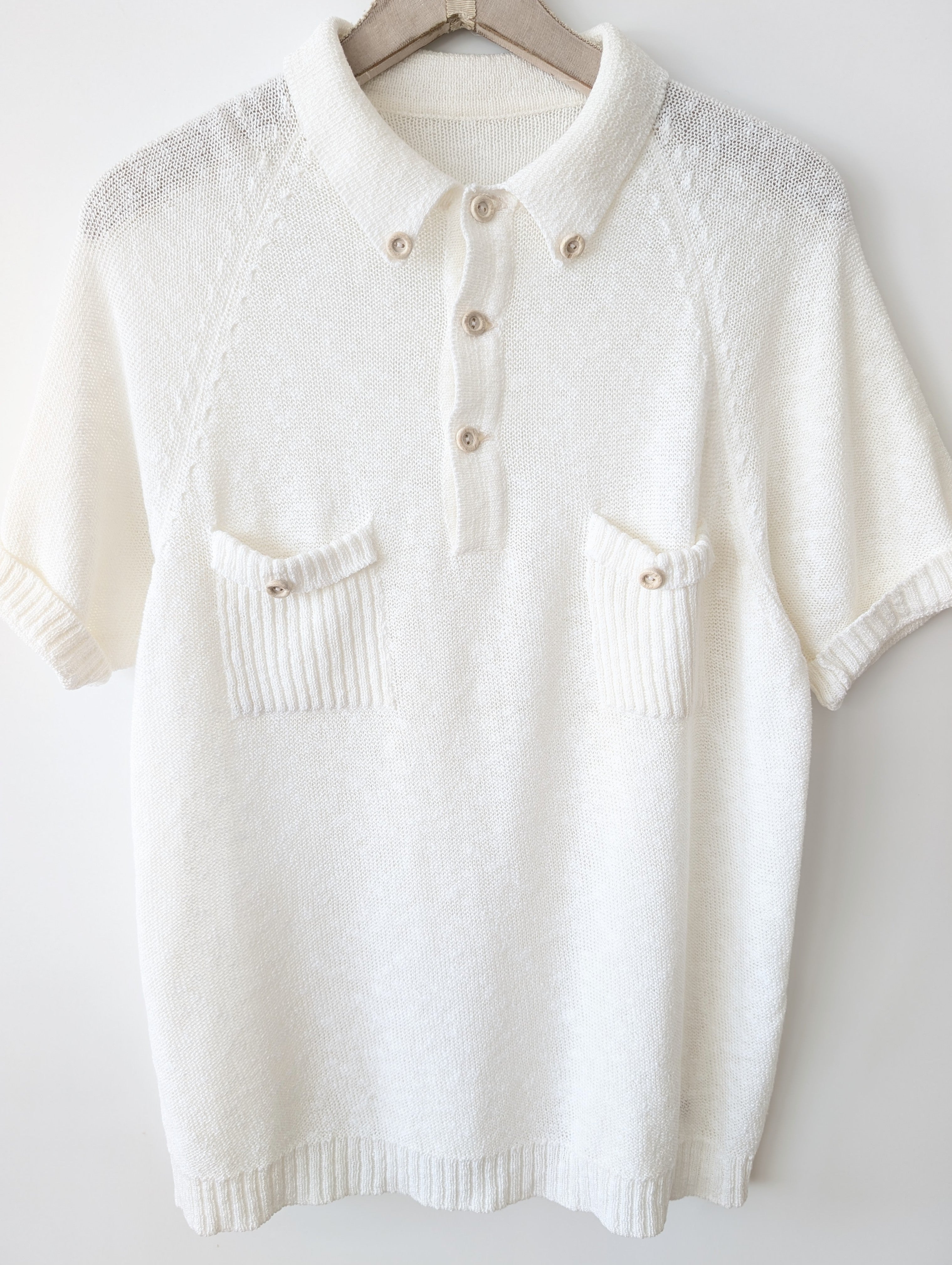 Strick Polo Shirt 70s Weiß Leinen (L)