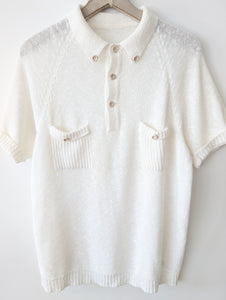 Strick Polo Shirt 70s Weiß Leinen (L)