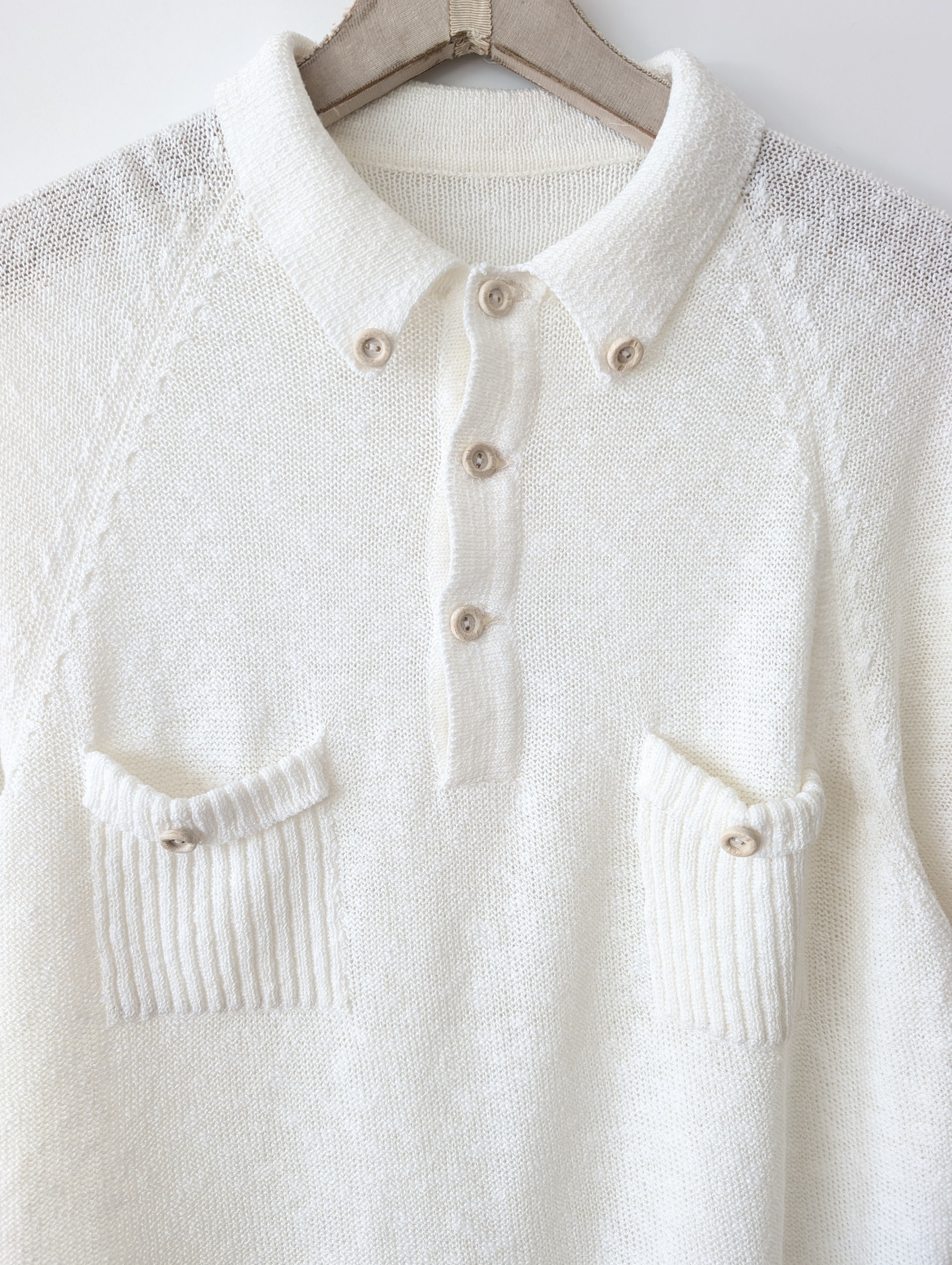 Strick Polo Shirt 70s Weiß Leinen (L)