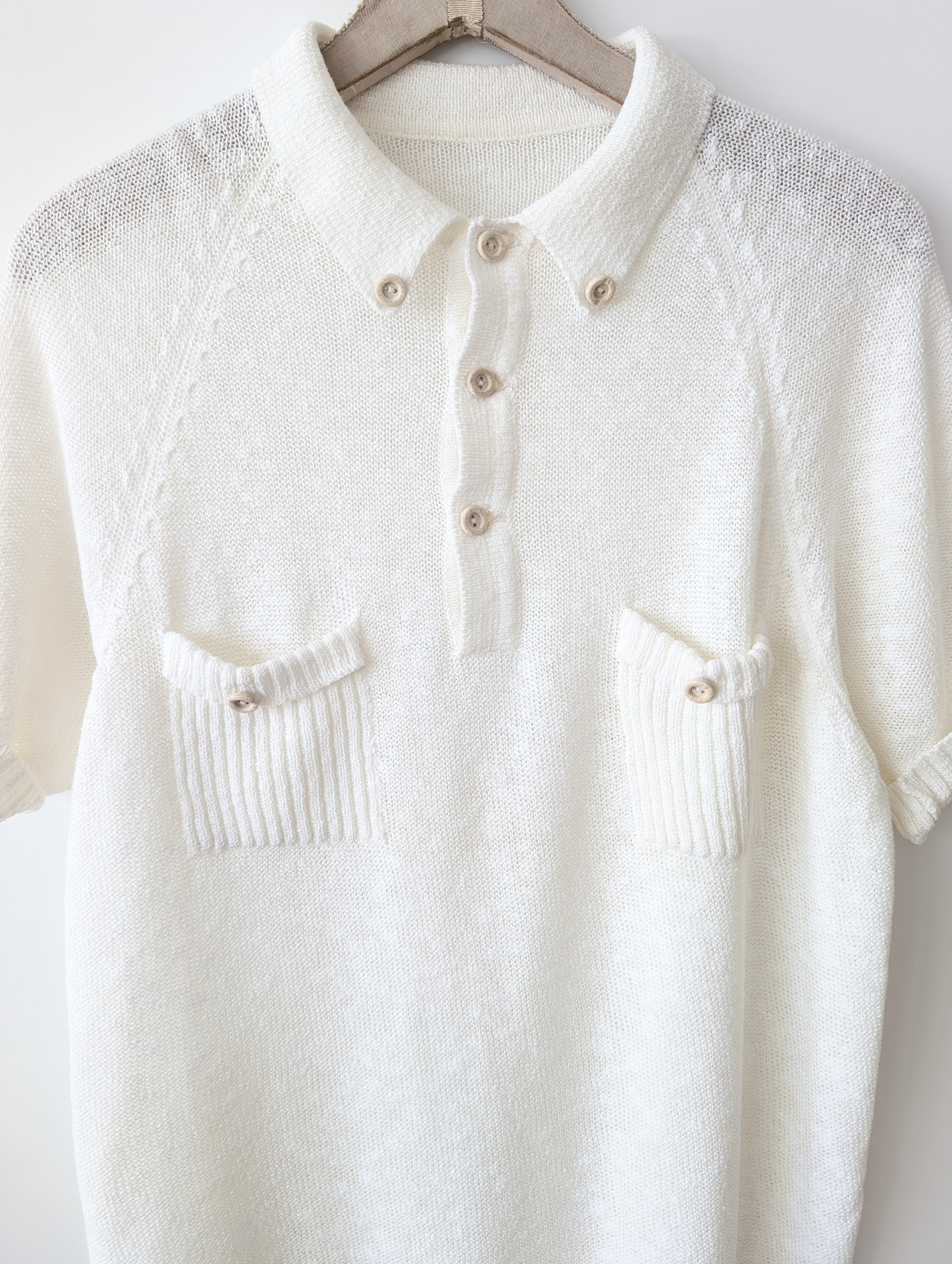 Strick Polo Shirt 70s Weiß Leinen (L)