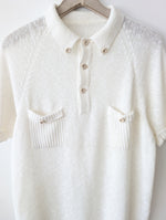 Lade das Bild in den Galerie-Viewer, Strick Polo Shirt 70s Weiß Leinen (L)
