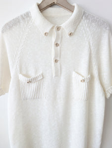 Strick Polo Shirt 70s Weiß Leinen (L)