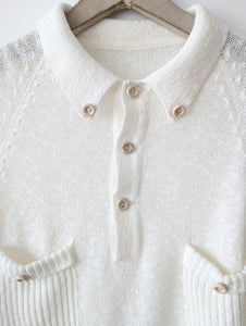 Strick Polo Shirt 70s Weiß Leinen (L)