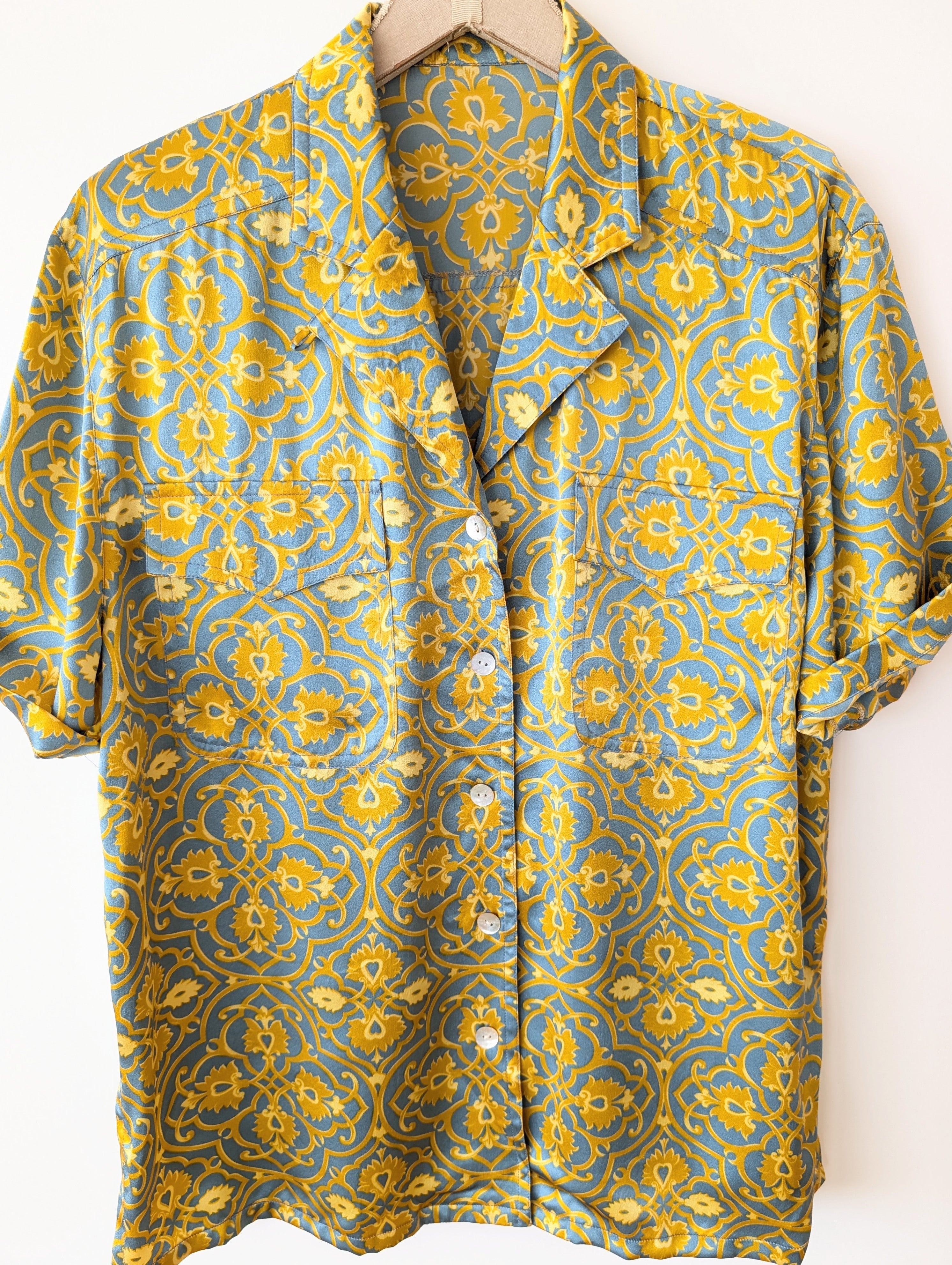*Seide* Bluse Bohemian Print Rauchblau (XL)