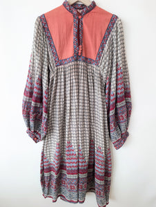 Kleid 70s Bohemian Print Ballonärmel (M)