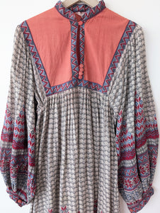 Kleid 70s Bohemian Print Ballonärmel (M)