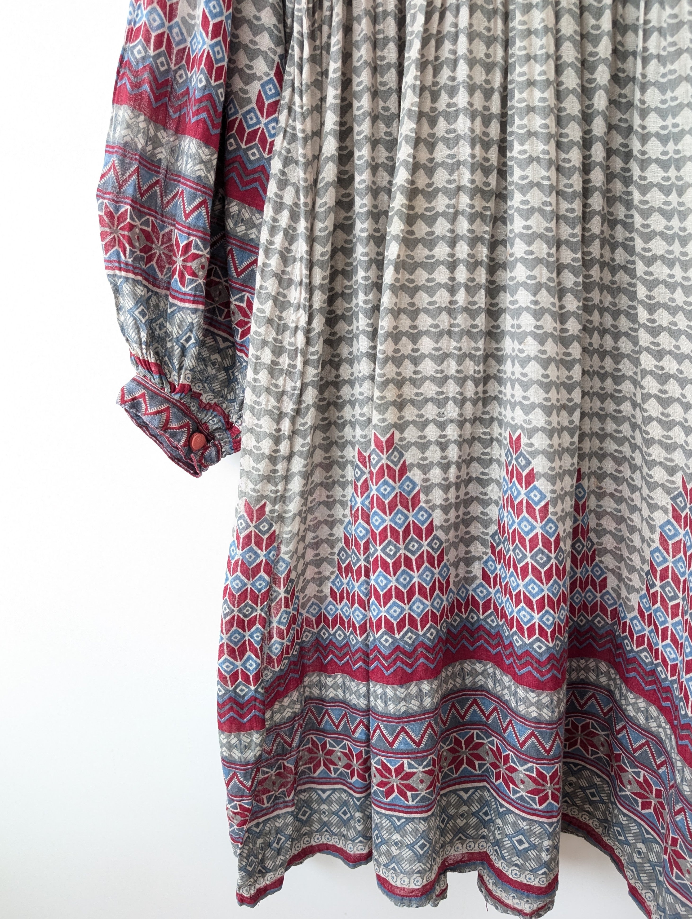 Kleid 70s Bohemian Print Ballonärmel (M)