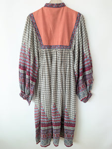 Kleid 70s Bohemian Print Ballonärmel (M)