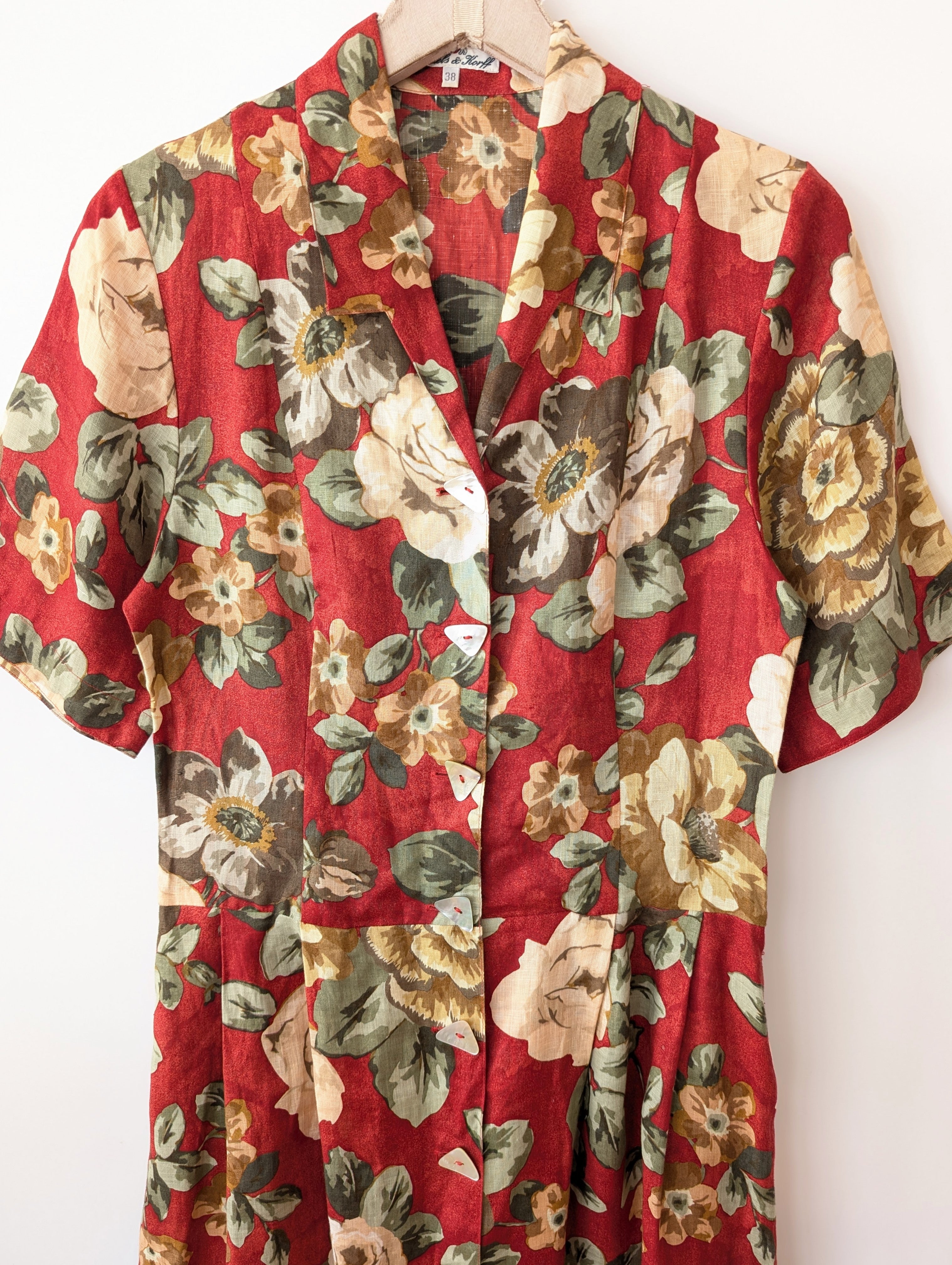 *Leinen* Kleid 80s Rosen Rostrot (S)