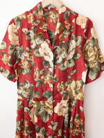 Lade das Bild in den Galerie-Viewer, *Leinen* Kleid 80s Rosen Rostrot (S)
