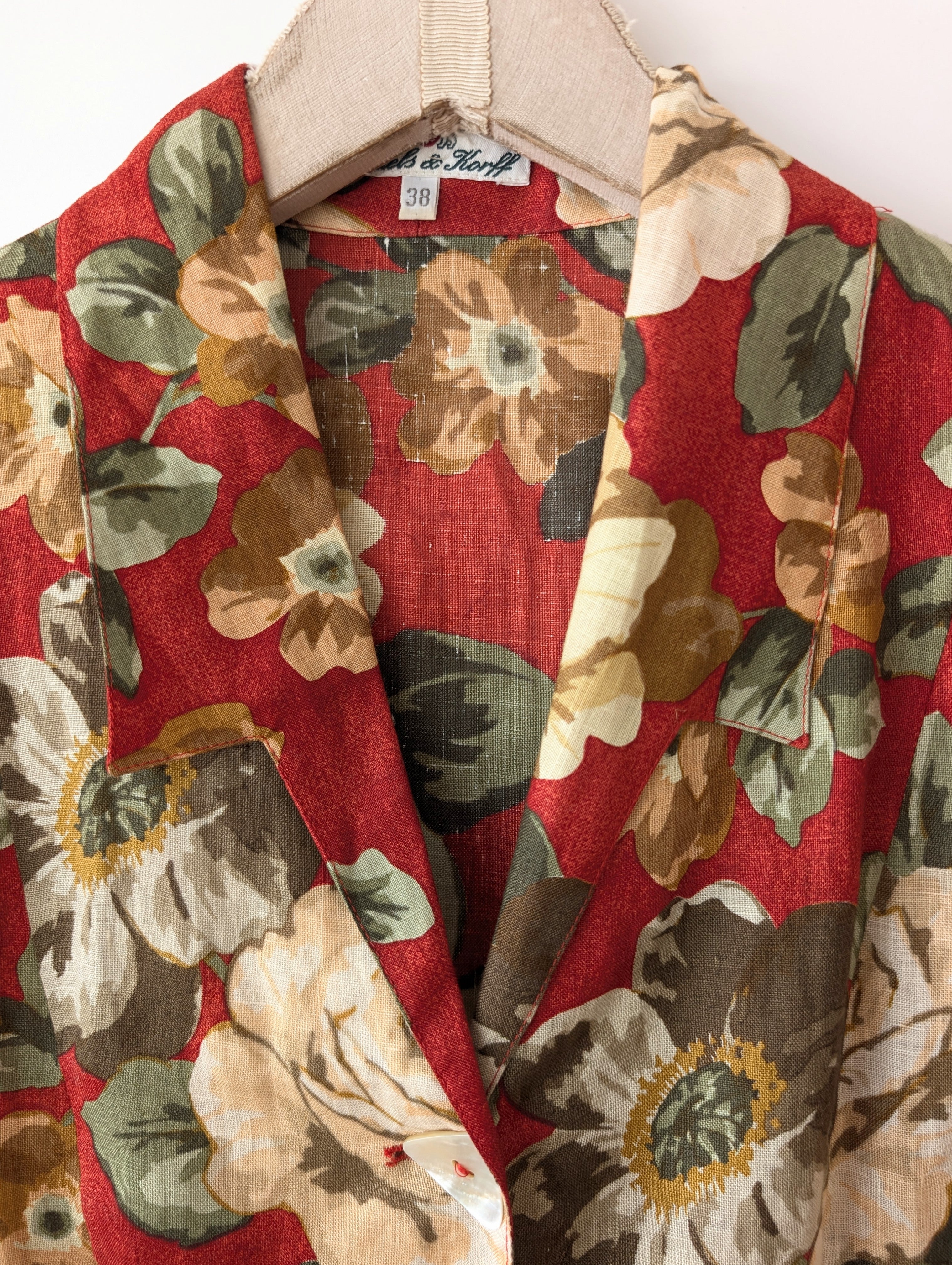 *Leinen* Kleid 80s Rosen Rostrot (S)
