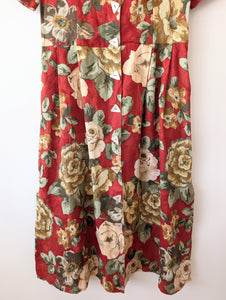 *Leinen* Kleid 80s Rosen Rostrot (S)