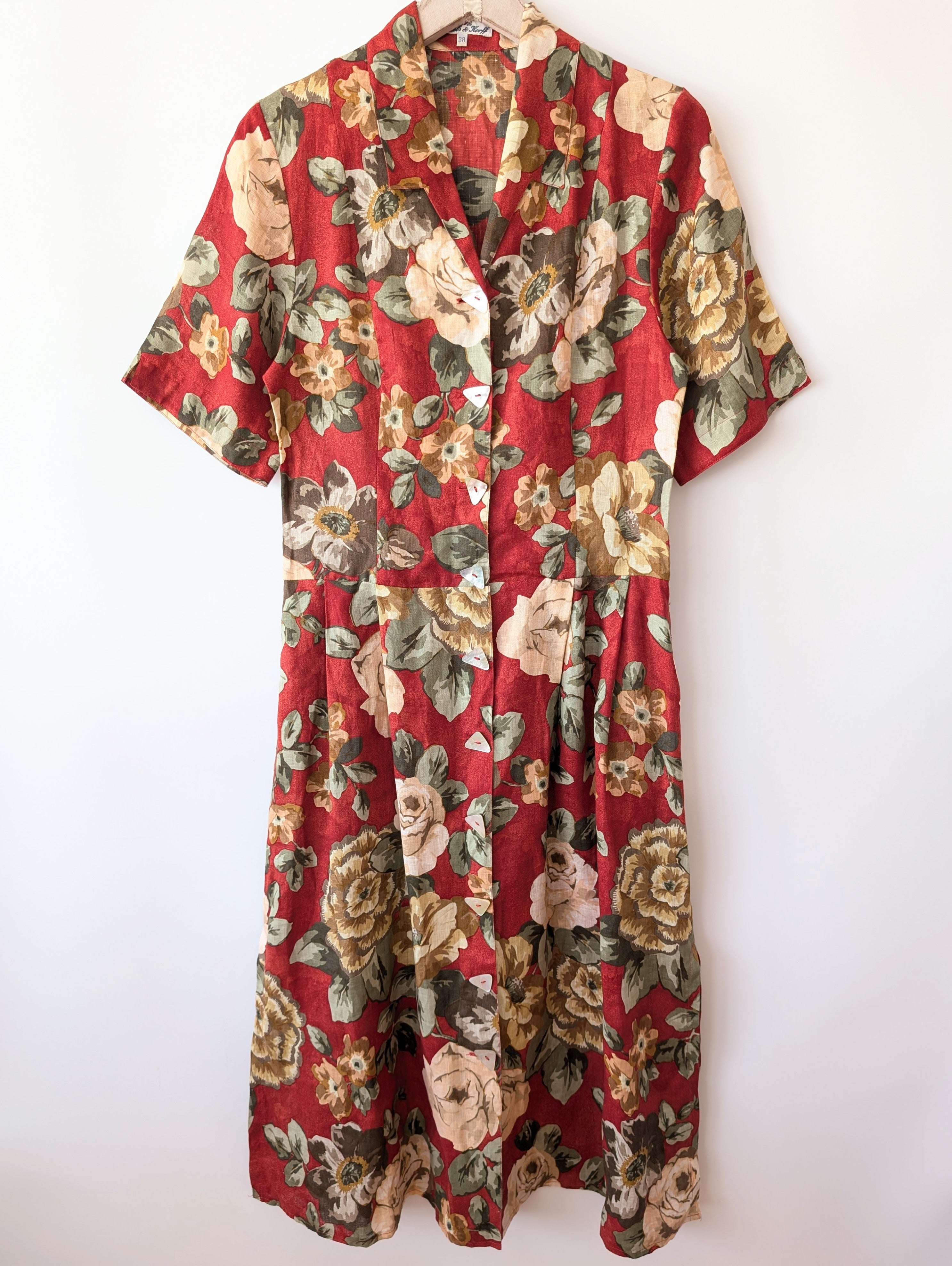 *Leinen* Kleid 80s Rosen Rostrot (S)