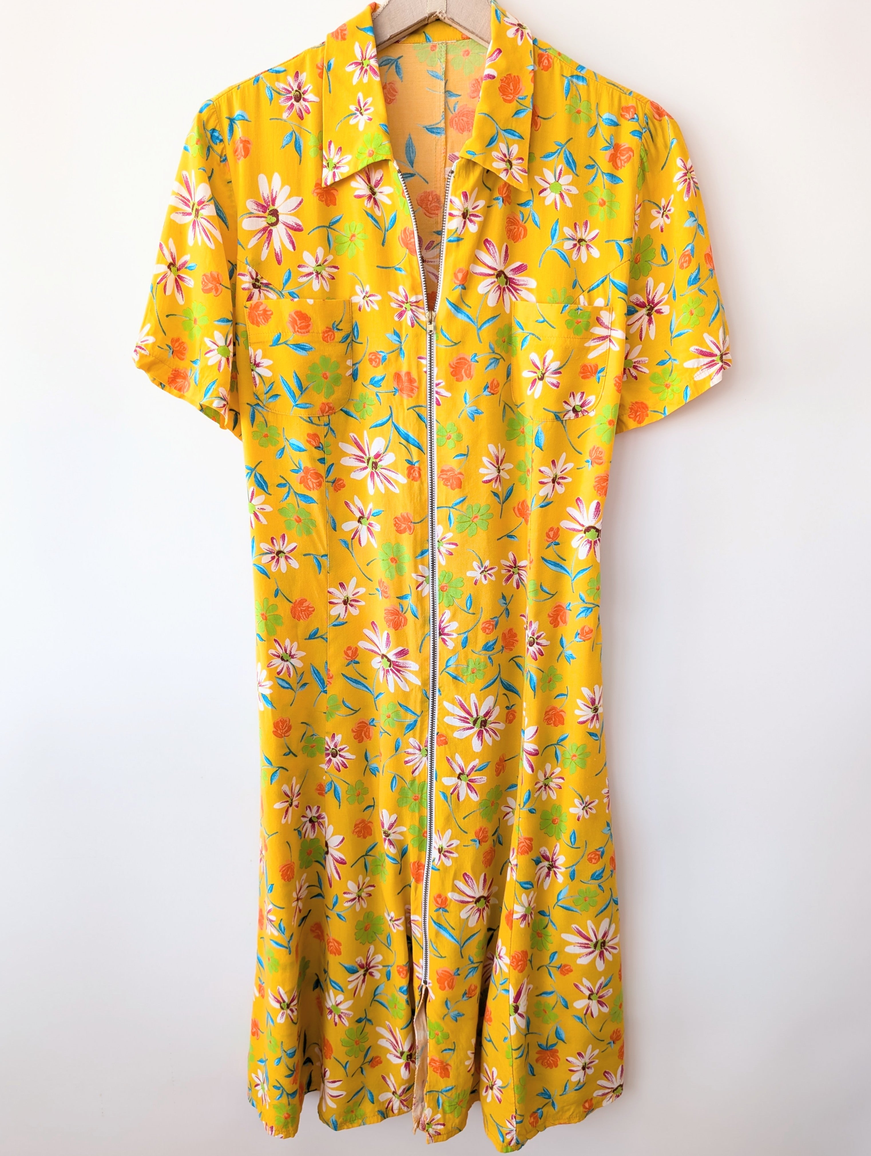 Kleid 90s Blumen Print Gelb Pink (S-M)
