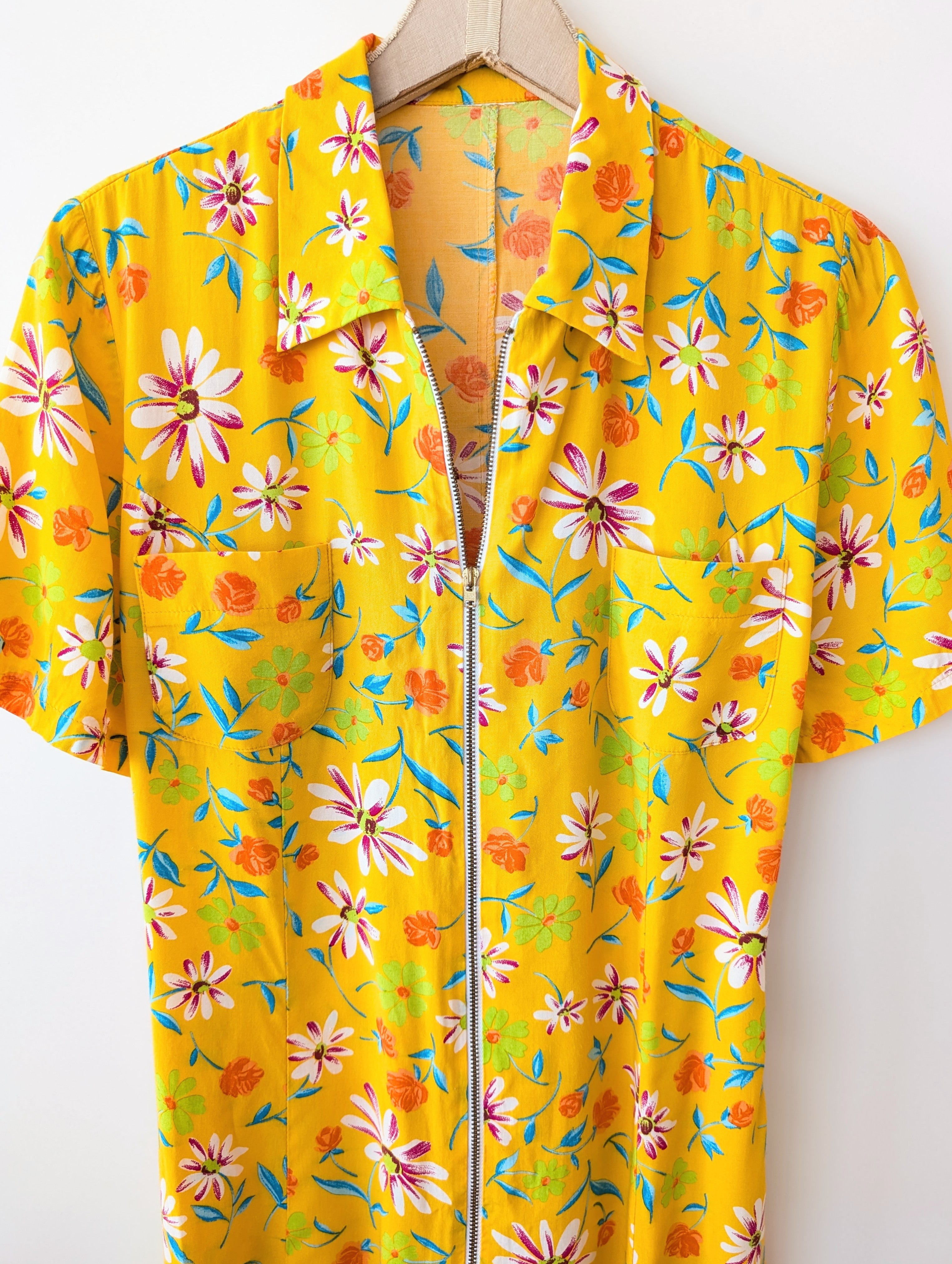Kleid 90s Blumen Print Gelb Pink (S-M)