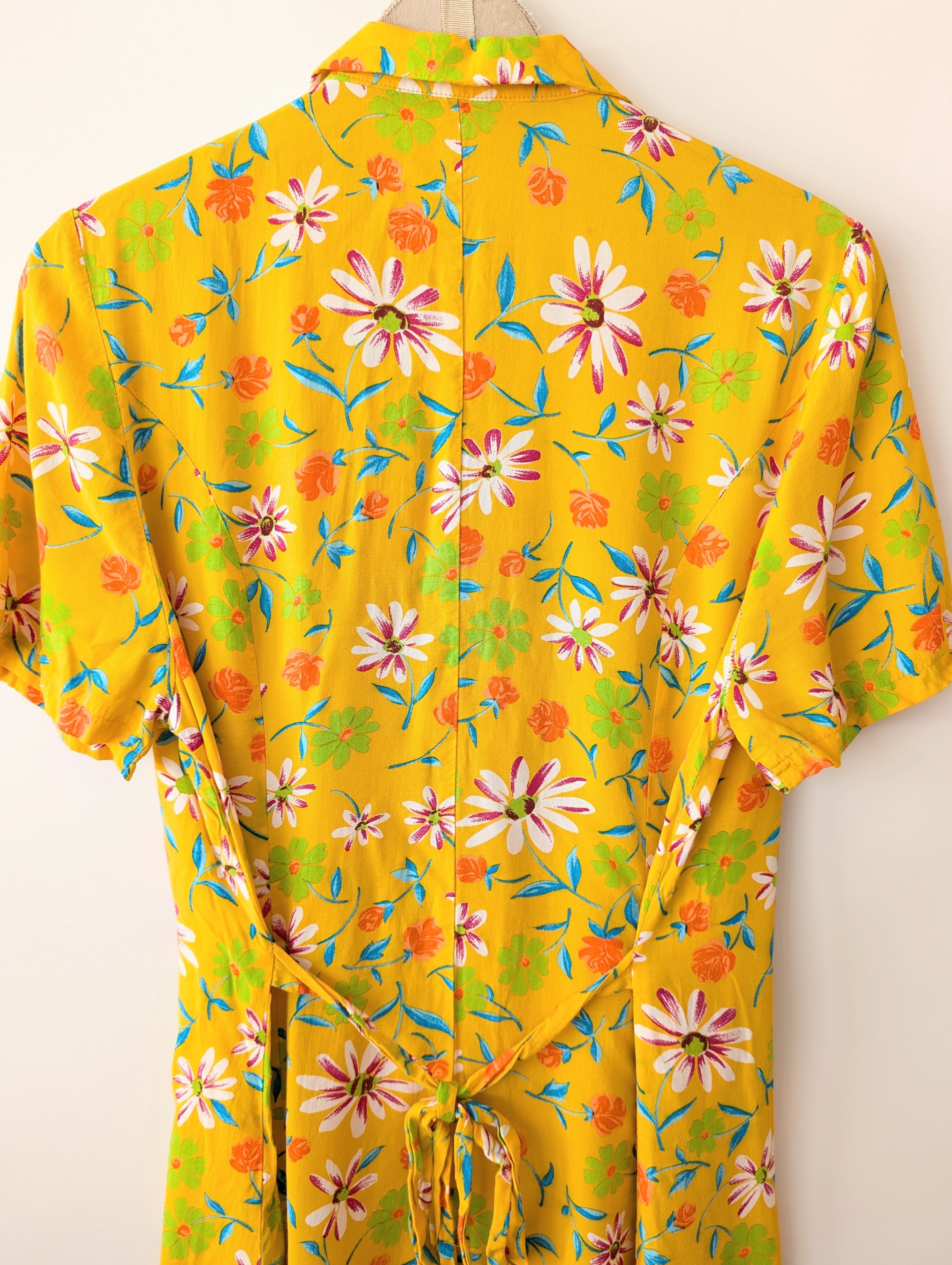 Kleid 90s Blumen Print Gelb Pink (S-M)