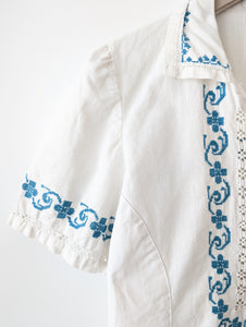 *Leinen* RARE Bluse Folklore Handmade Stickerei (M-L)