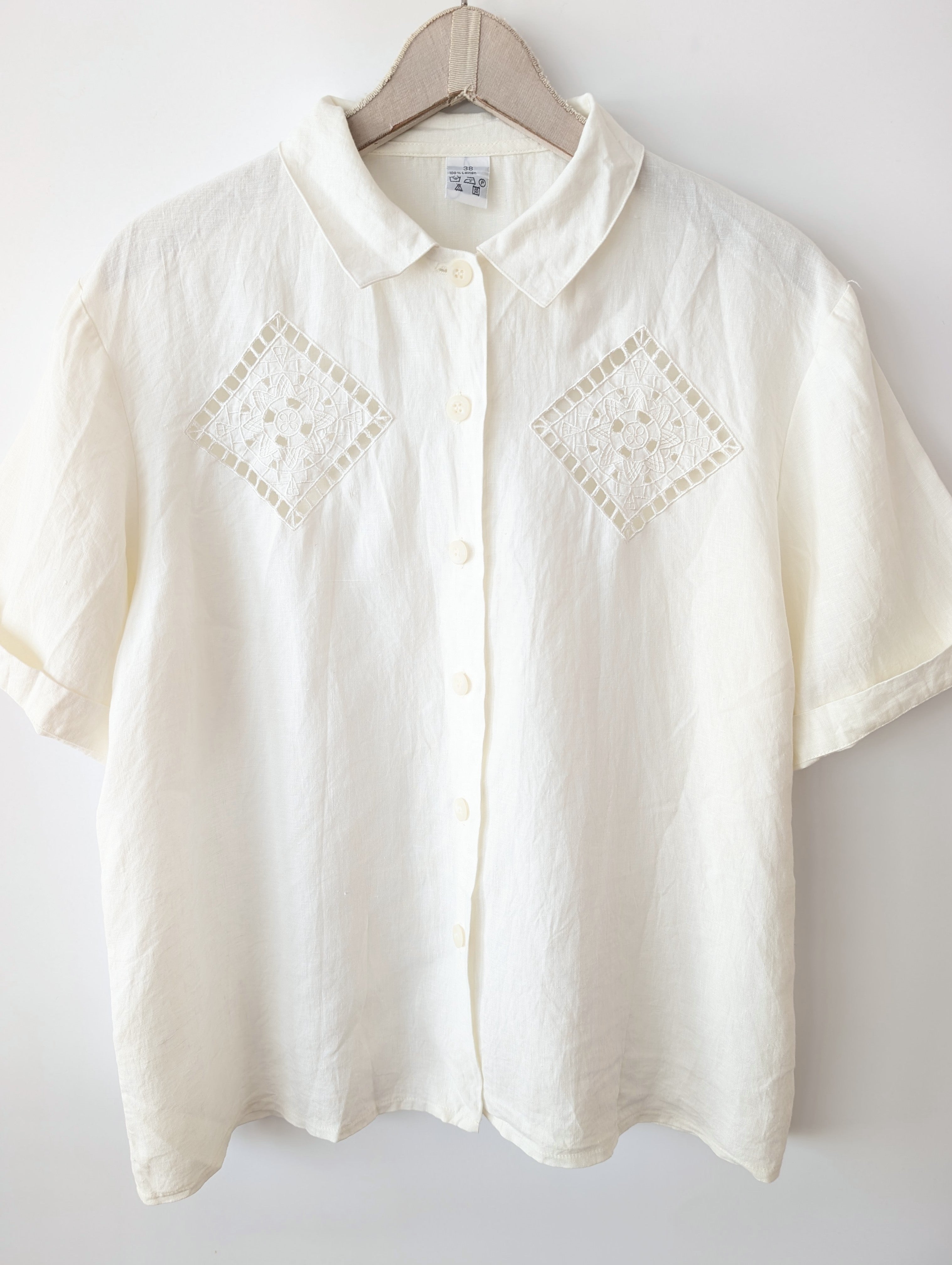*Leinen* Bluse Bohemian Lochspitze Creme (M-L)