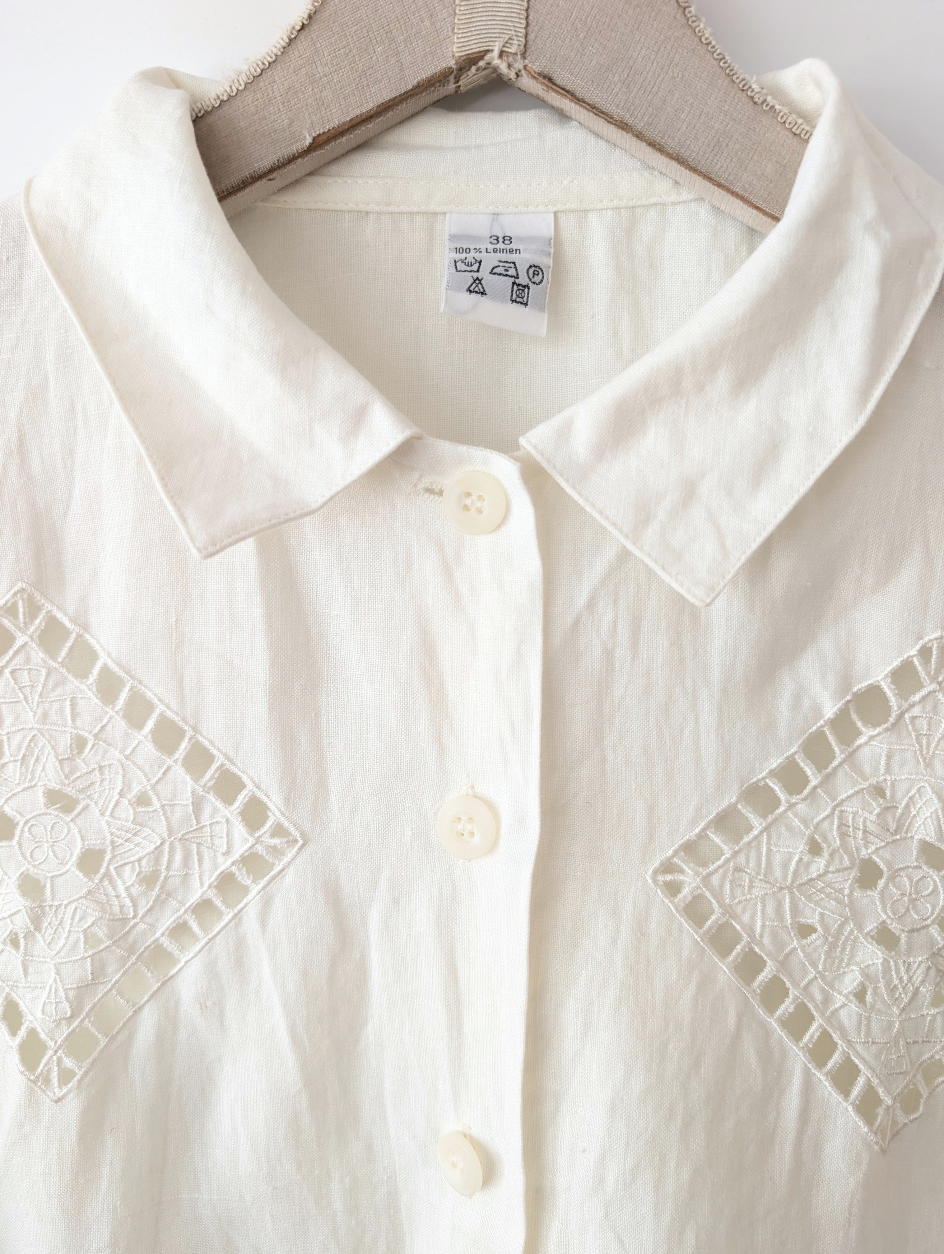 *Leinen* Bluse Bohemian Lochspitze Creme (M-L)