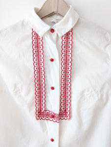 Bluse 70s Lochspitze Bordüre Rot (M-L)
