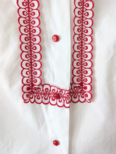 Bluse 70s Lochspitze Bordüre Rot (M-L)
