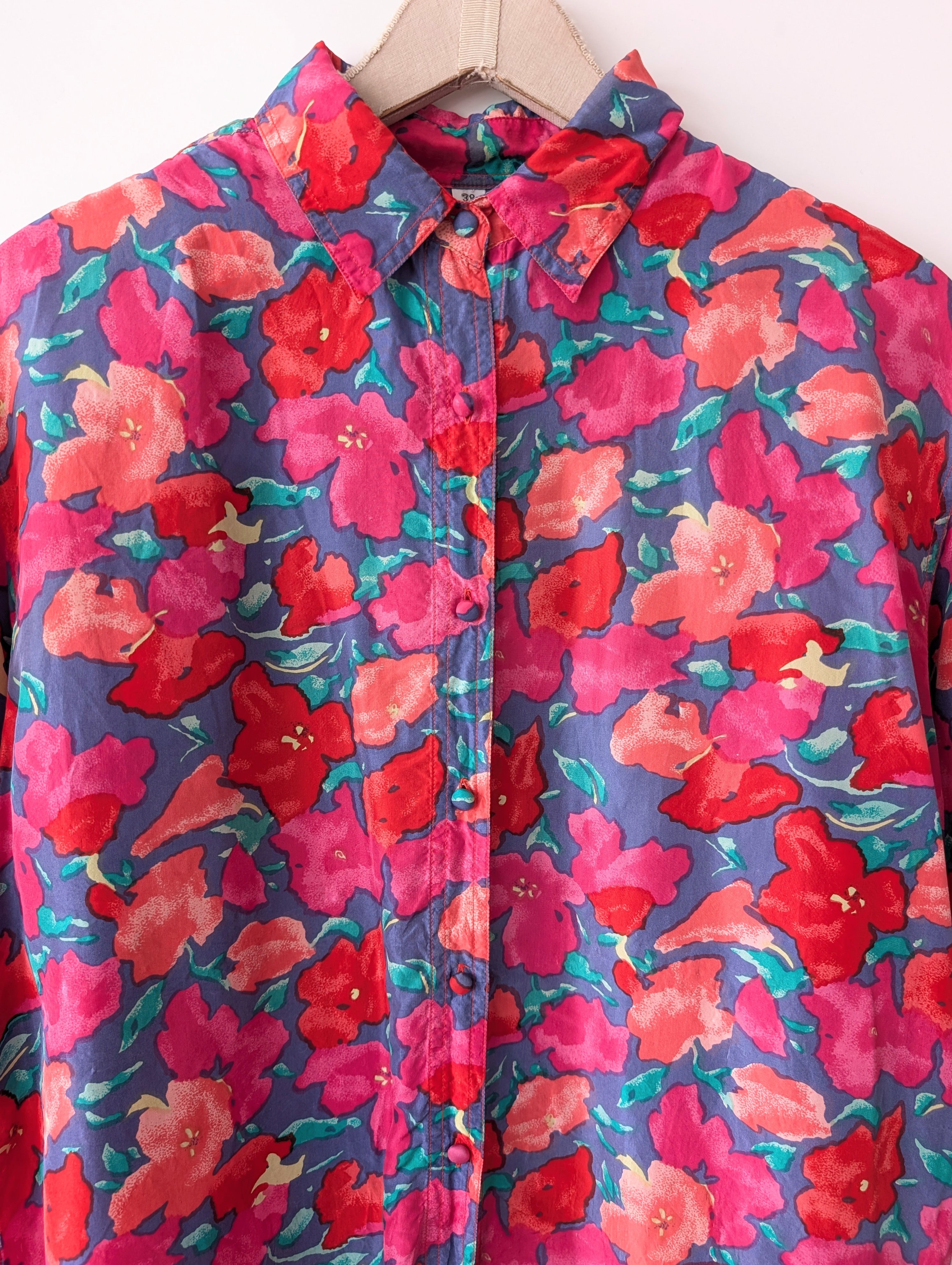 *Seide* Bluse Blumen Flieder Pink (M-L)
