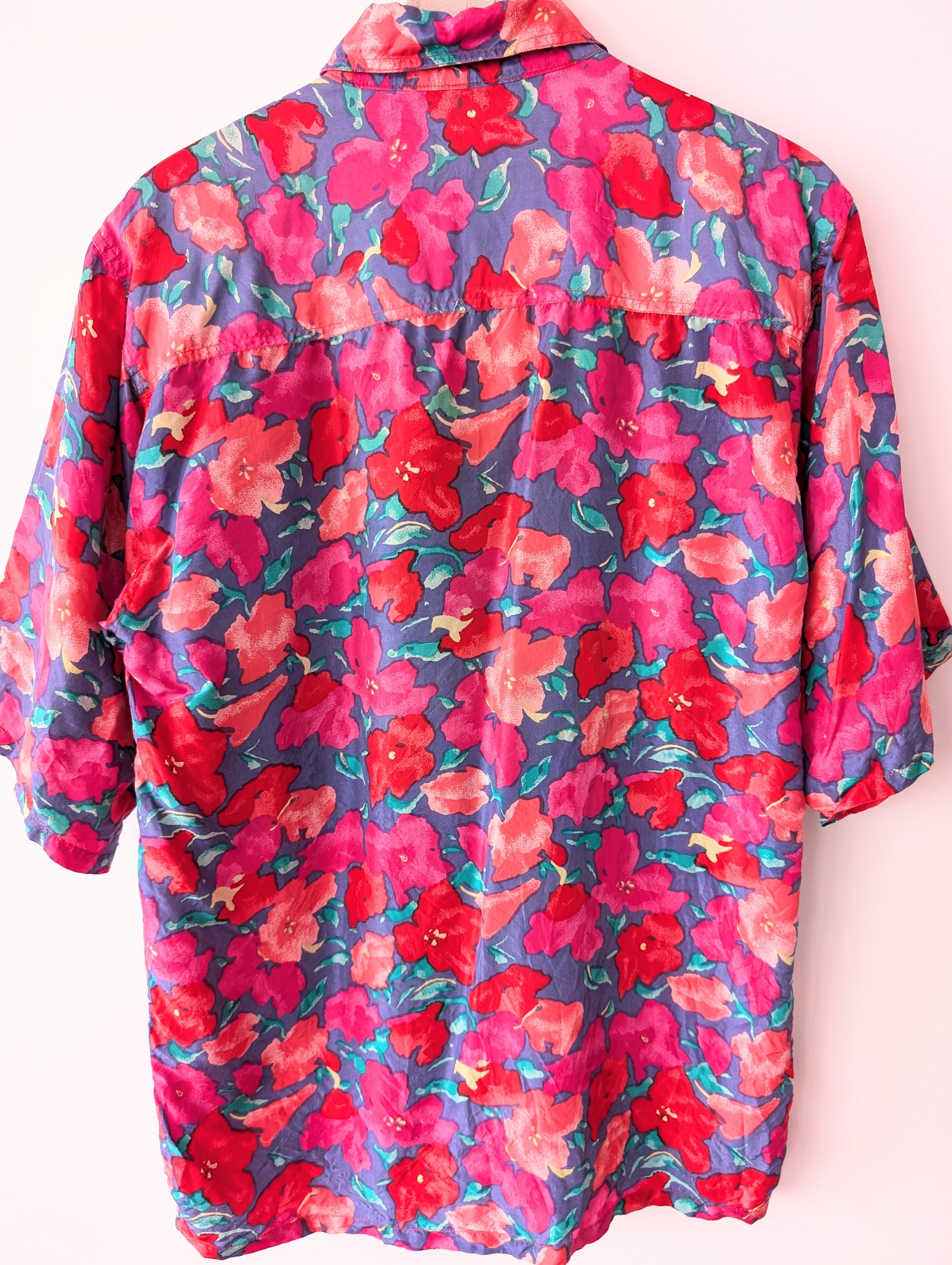 *Seide* Bluse Blumen Flieder Pink (M-L)