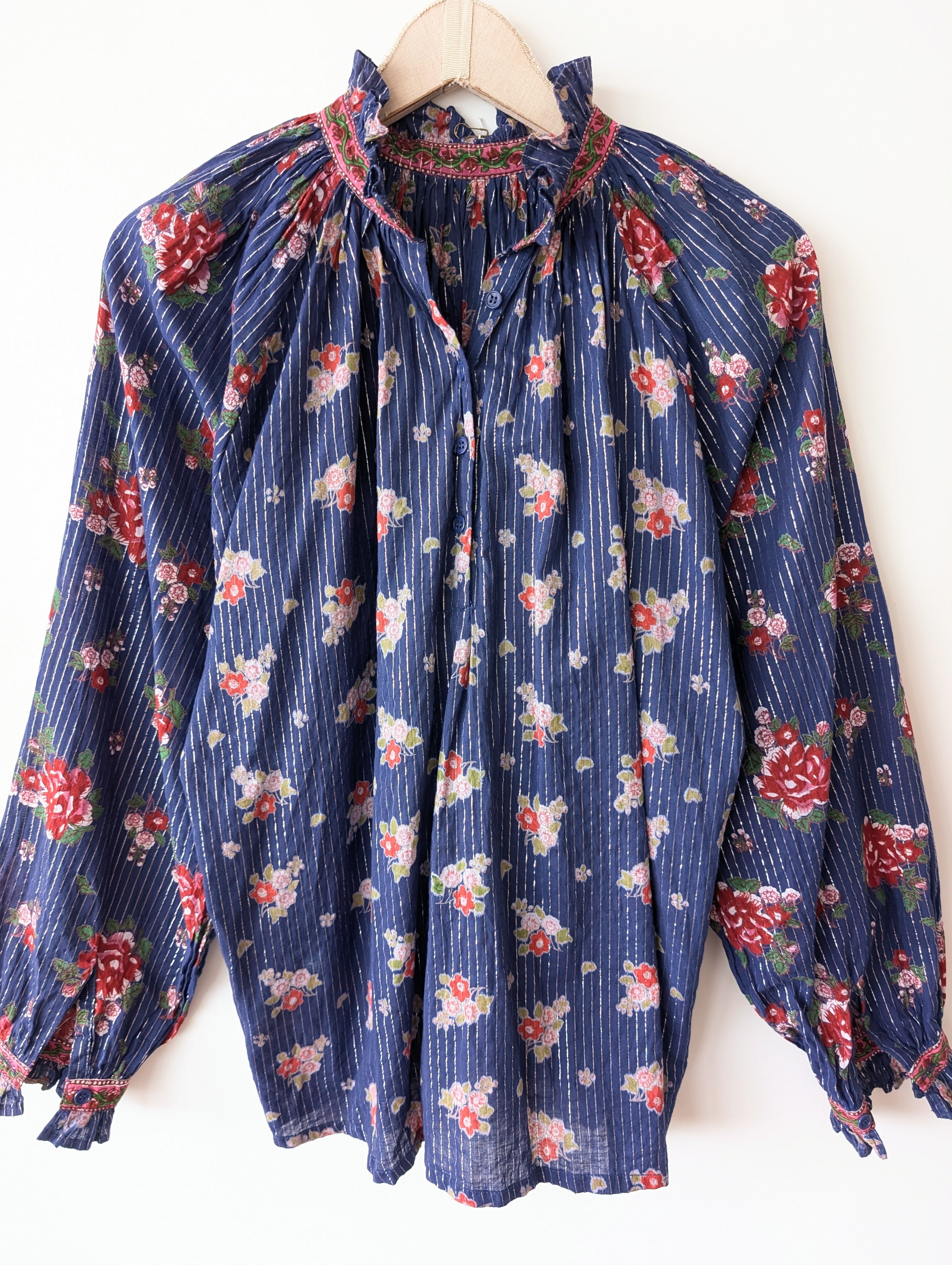 Bluse 70s Ballonärmel Rosen Print (M-L)